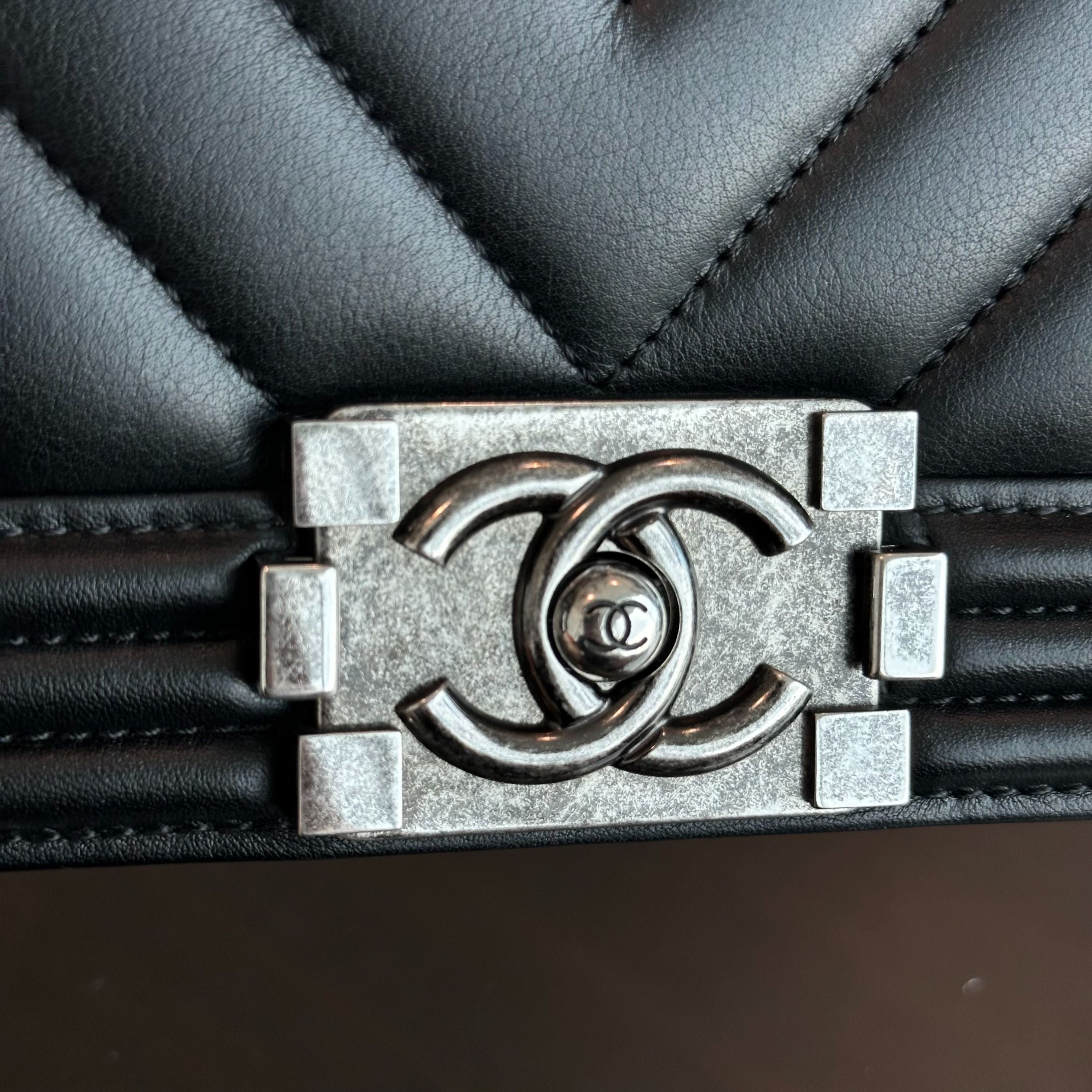 *Calfskin, Like New* Chanel Boy Small Chevron Calfskin Leboy Black RSHW No 22 - Luxury Evermore