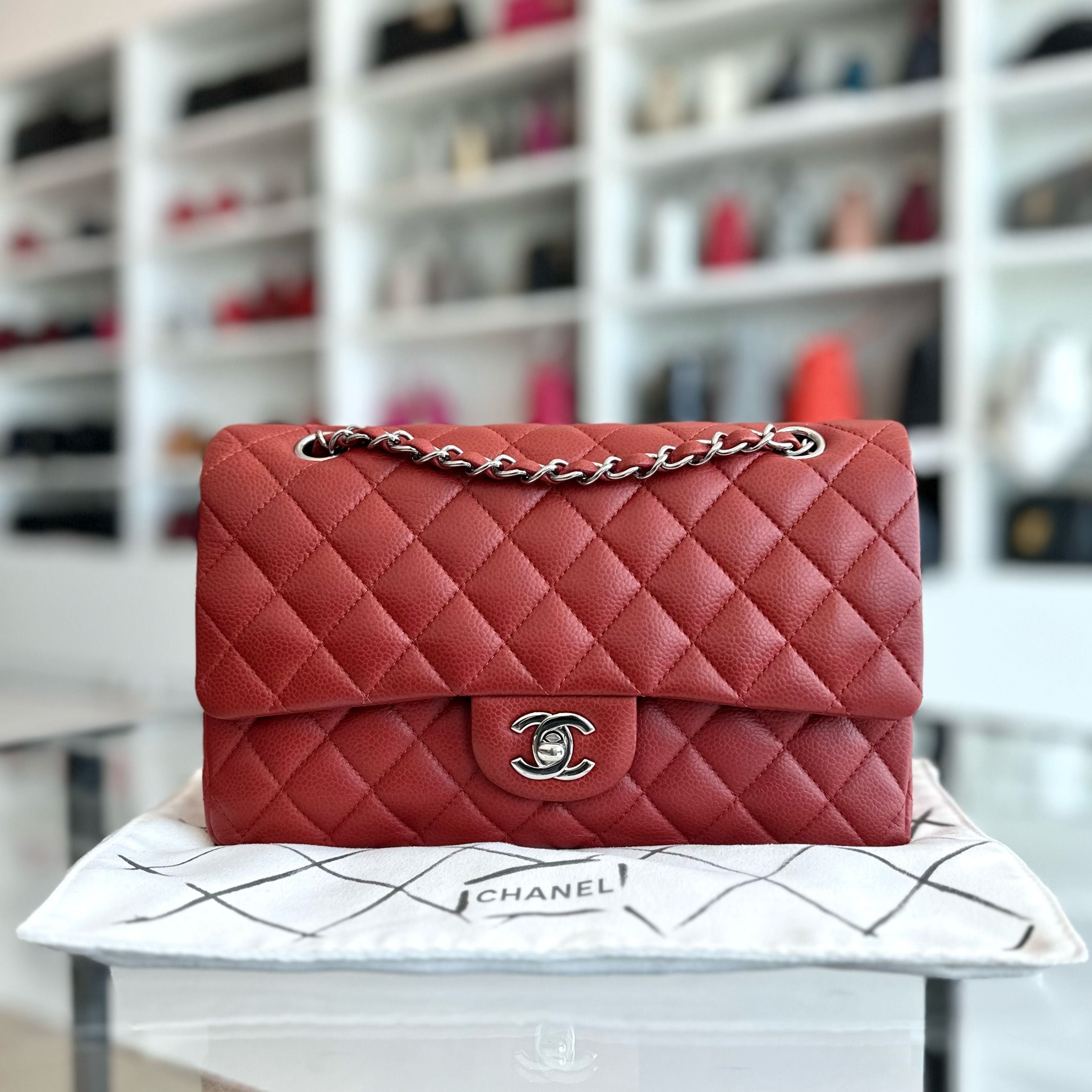 *Caviar* Chanel Caviar Medium Classic Flap 25CM Quilted Red SHW No 14 - Luxury Evermore