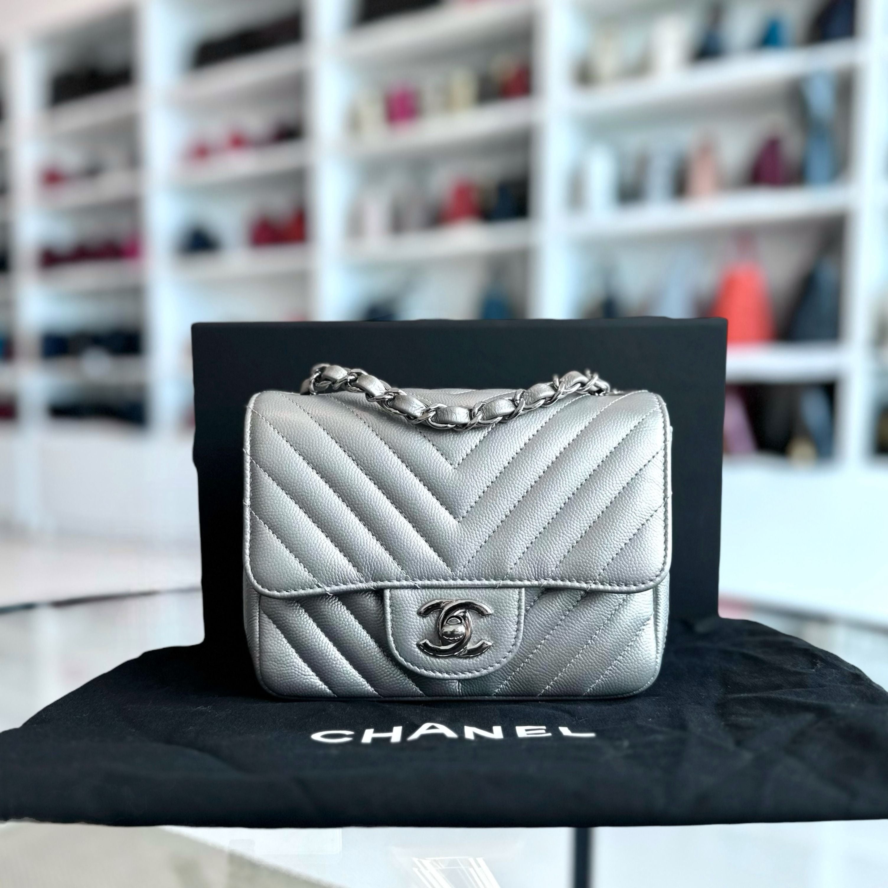 *Caviar* Chanel Caviar Mini Square Chevron Classic Flap Metallic Silver No 22 - Luxury Evermore