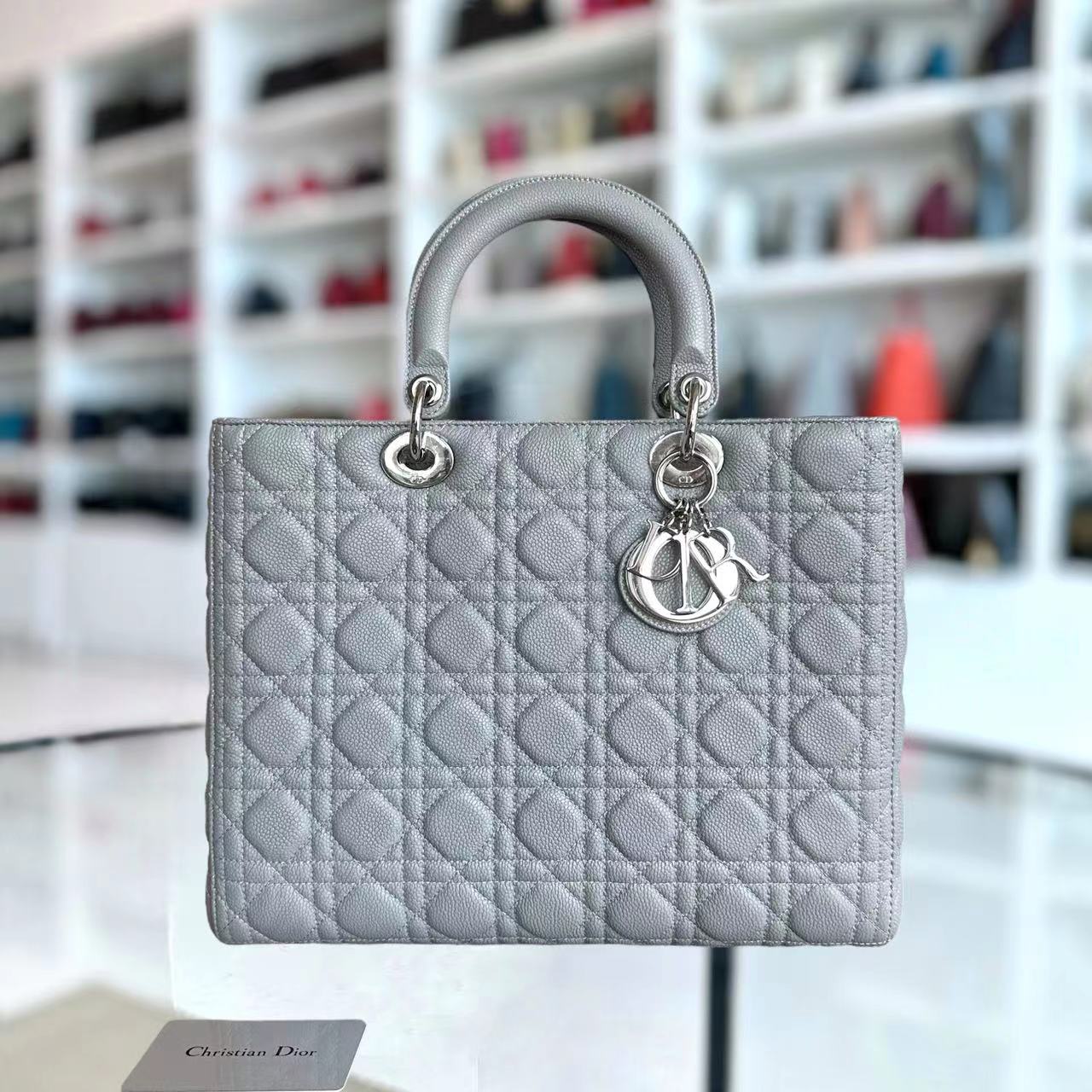 *Caviar* Dior Lady Large Cannage Caviar Grained Calfskin Grey Gray SHW NO STRAP - Luxury Evermore