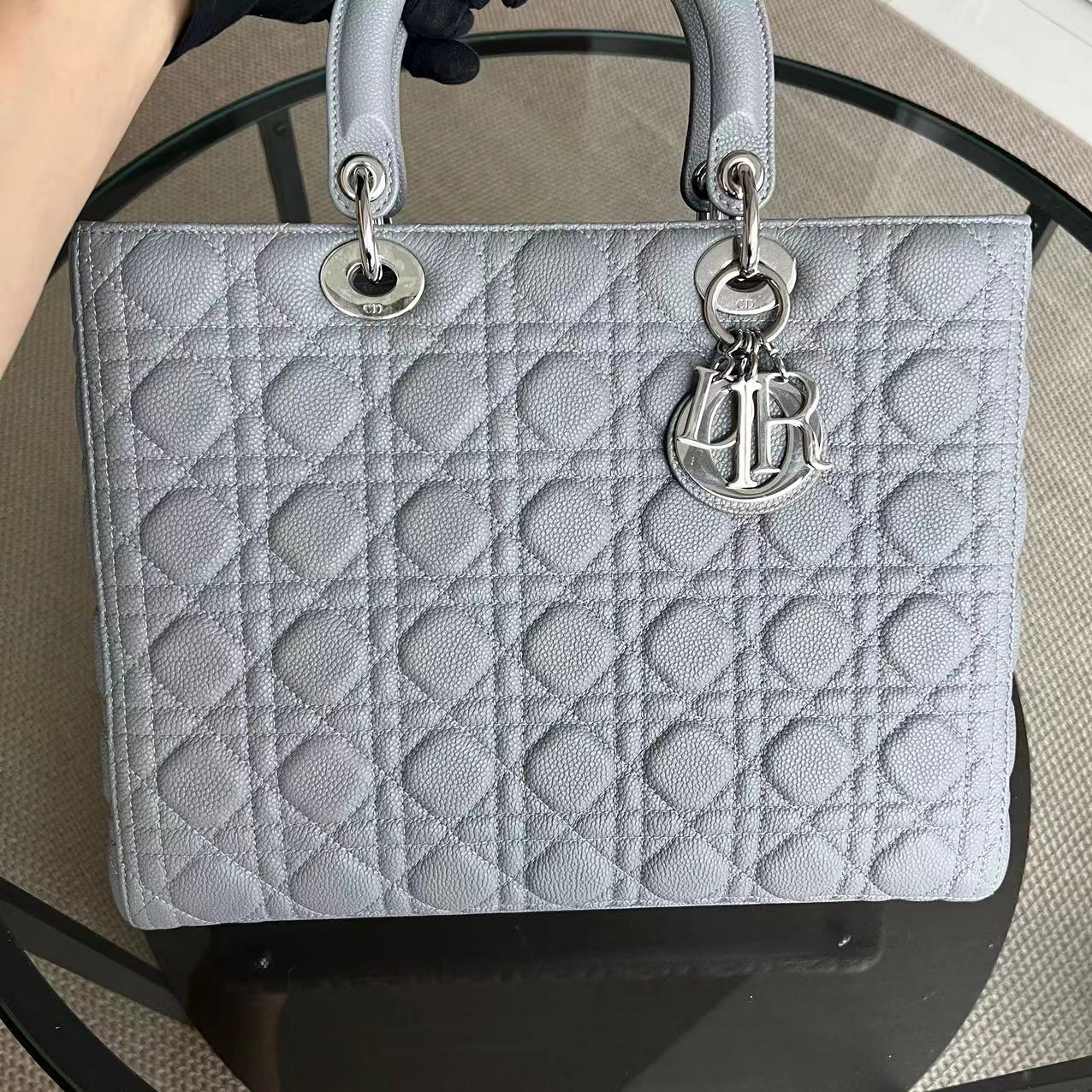 *Caviar* Dior Lady Large Cannage Caviar Grained Calfskin Grey Gray SHW NO STRAP - Luxury Evermore