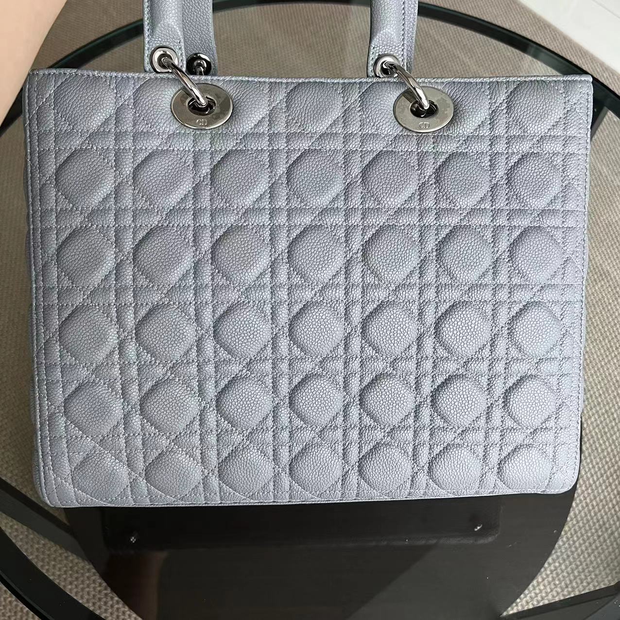 *Caviar* Dior Lady Large Cannage Caviar Grained Calfskin Grey Gray SHW NO STRAP - Luxury Evermore