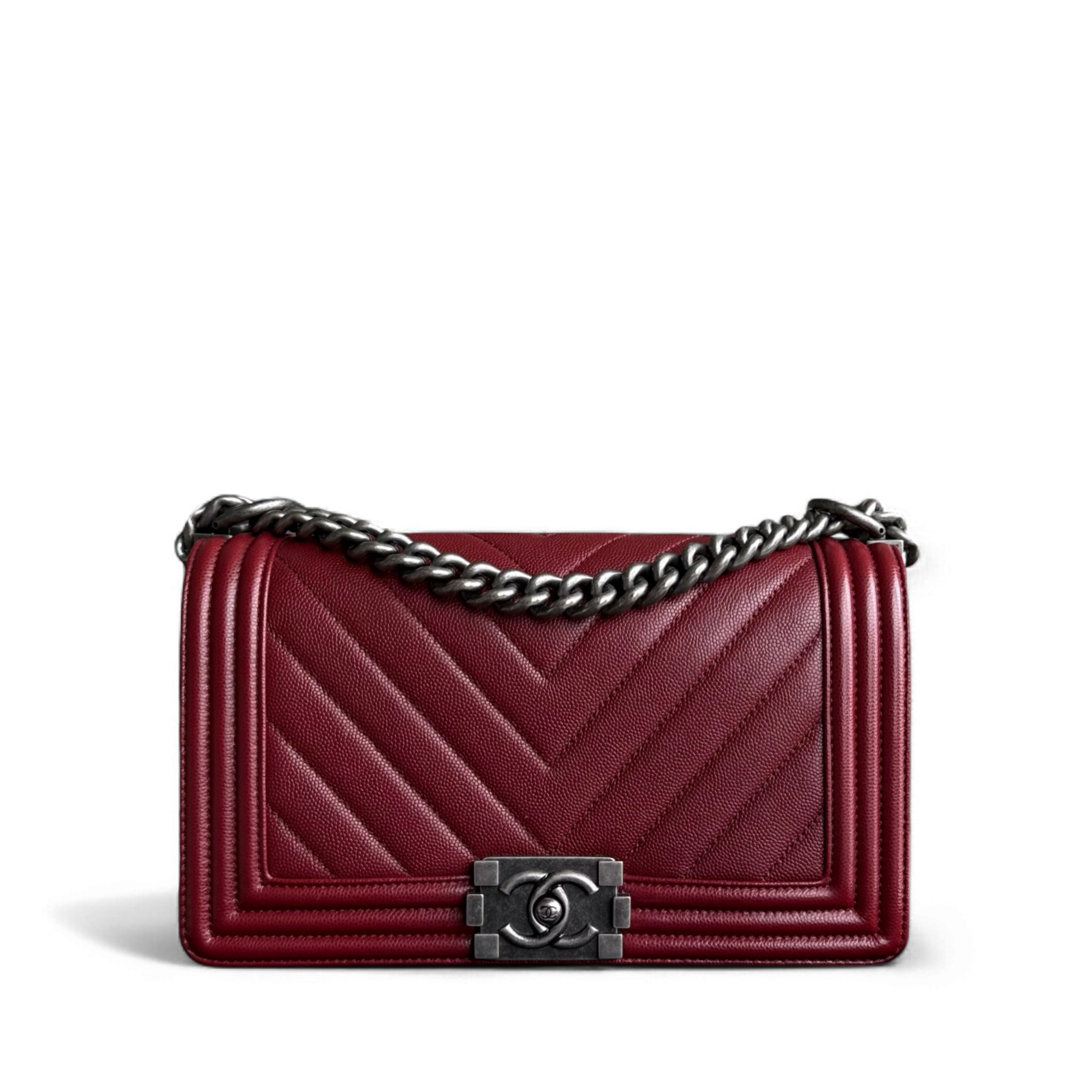 Chanel Boy Medium - Caviar 25CM Chevron Burgundy Dark Red Ruthenium Silver Hardware Series 24