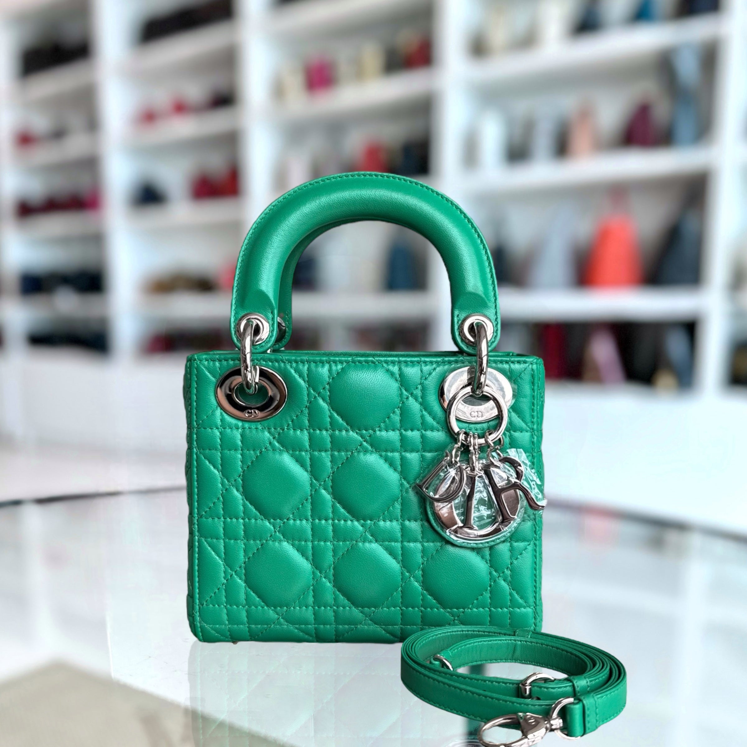 Dior Lady Mini - Cannage Lambskin Jade Green Silver Hardware Adjustable Strap