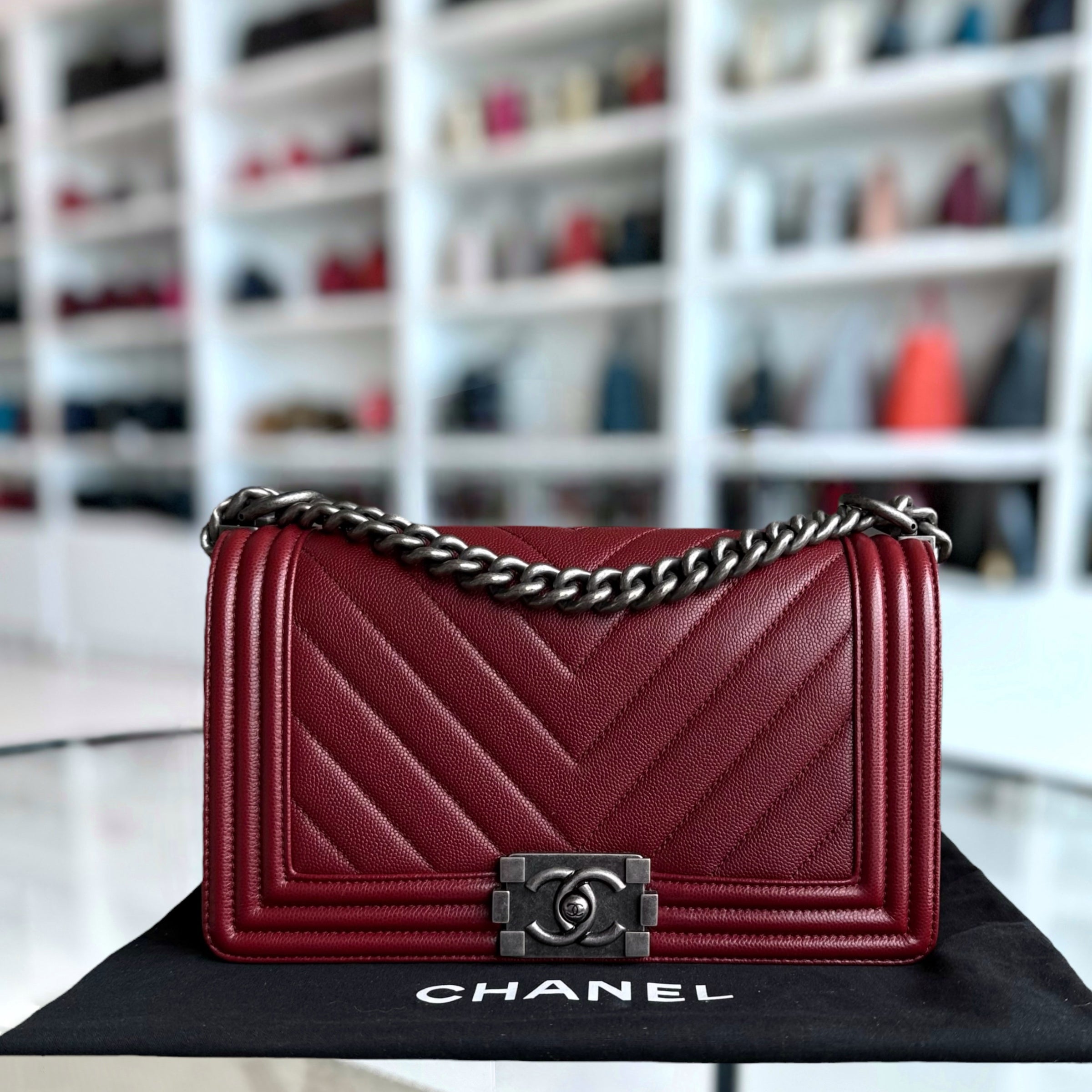 Chanel Boy Medium - Caviar 25CM Chevron Burgundy Dark Red Ruthenium Silver Hardware Series 24