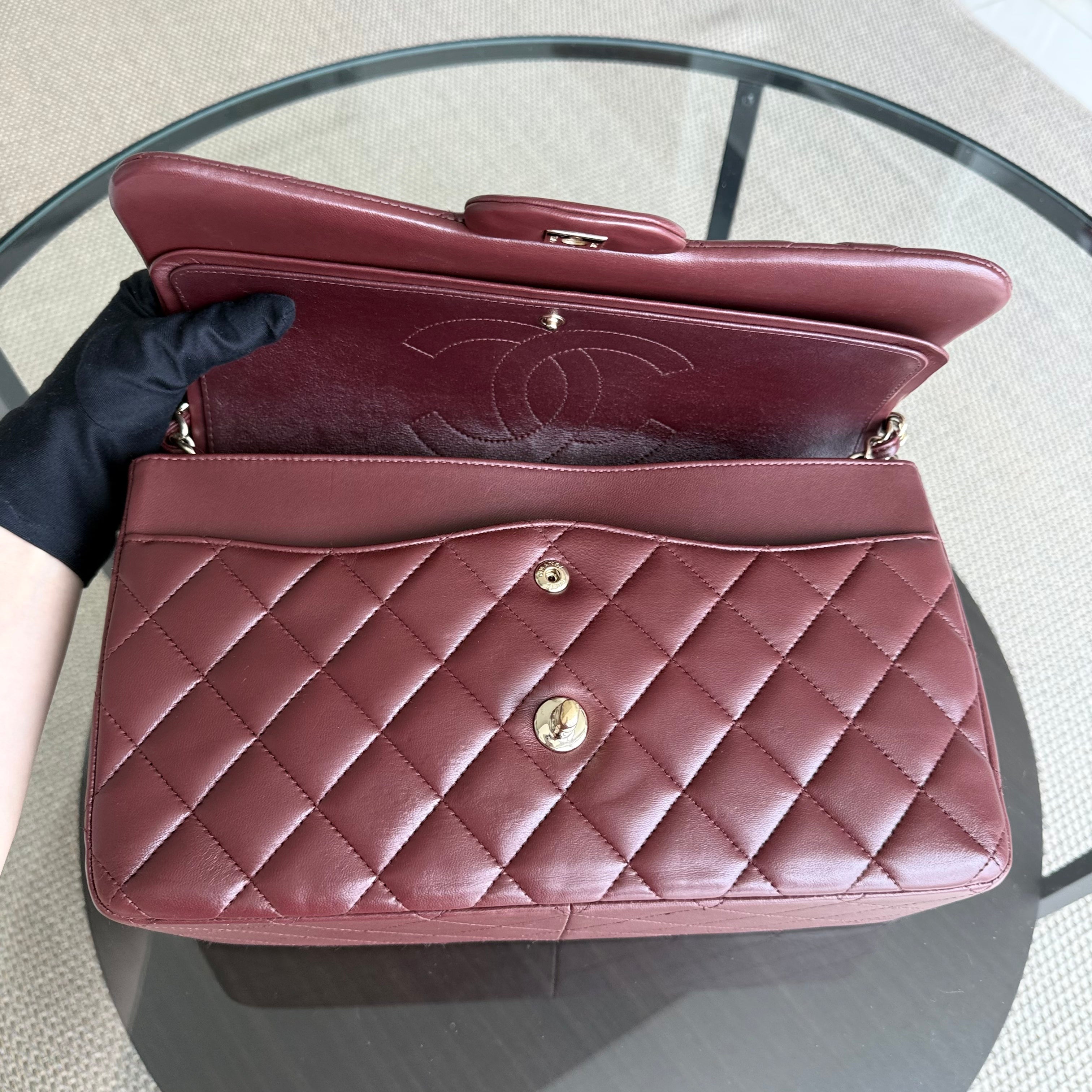 Chanel Classic Flap Jumbo - Double Flap 30CM Quilted Lambskin Burgundy Dark Red Gold Hardware Series 21