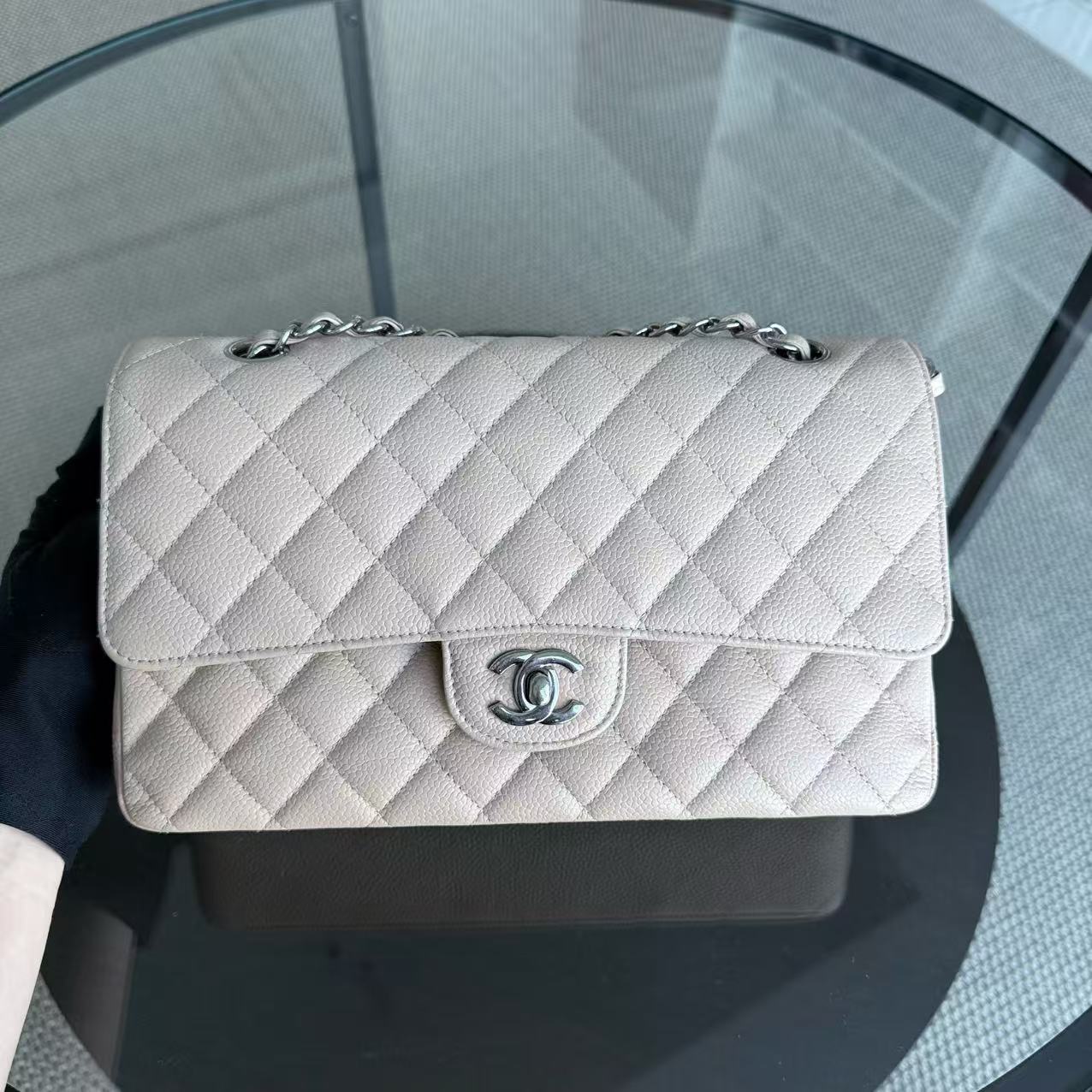 Chanel Classic Flap Medium - Caviar 25CM Quilted Light Beige Silver Hardware Series 18