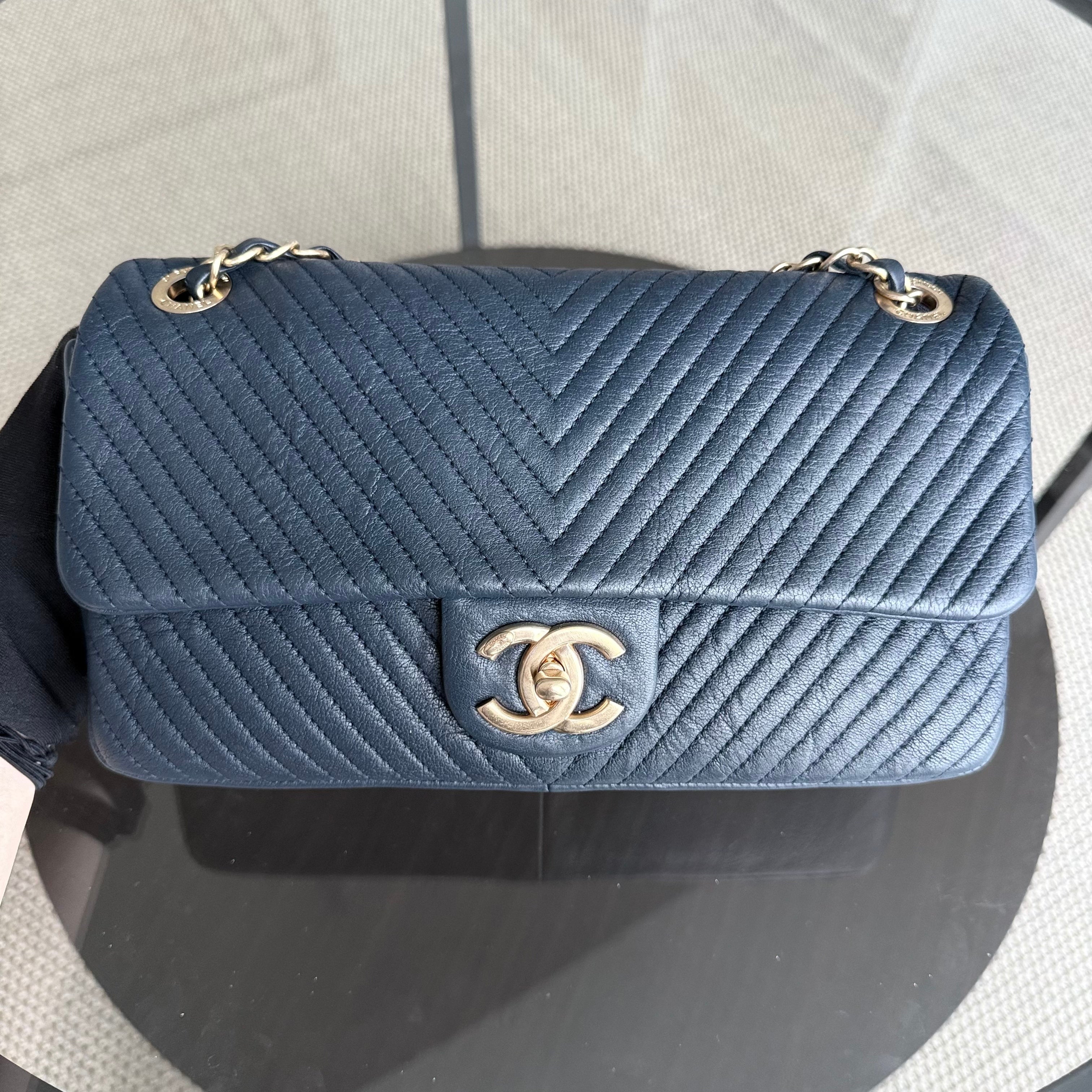 Chanel Seasonal Herringbone Medium Flap - Calfskin Chevron Blue Distressed Aged Gold Hardware Series 21