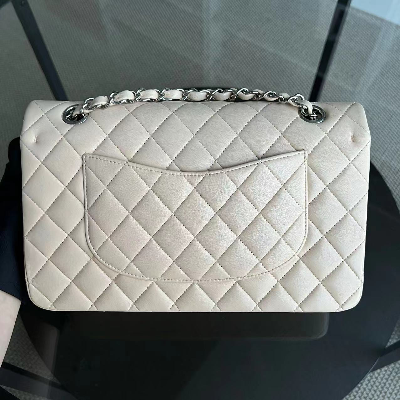 Chanel Medium Classic Flap Double Flap Quilted Lambskin Beige Silver Hardware Series 14