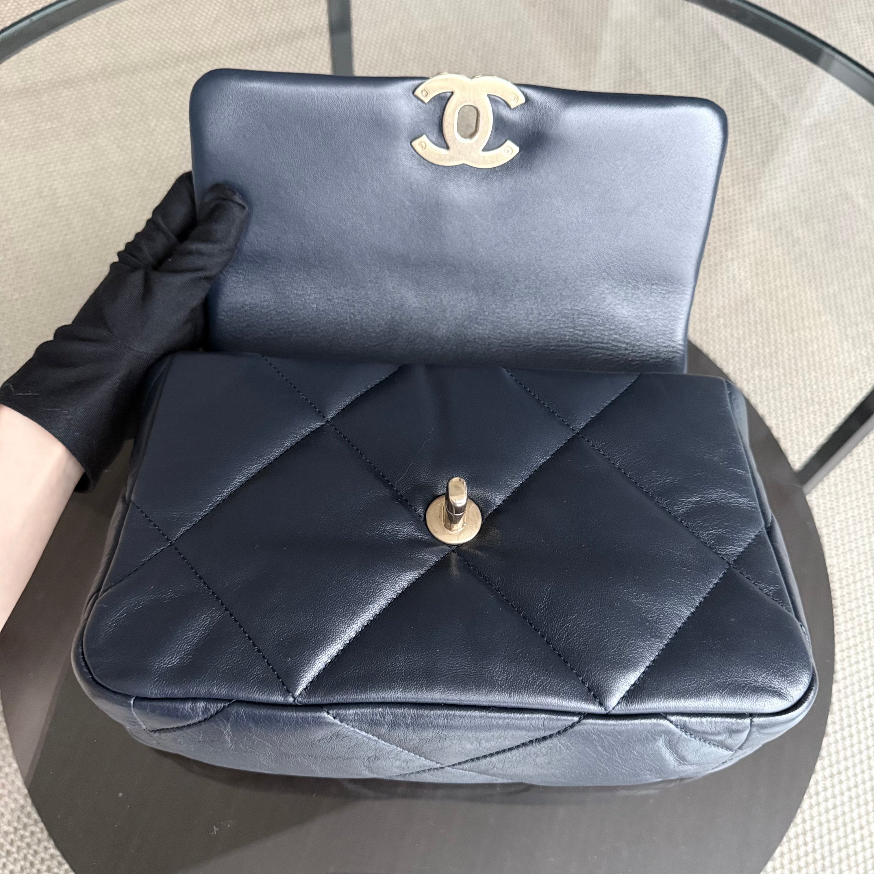 Chanel 19 Bag Small - Quilted Goatskin Dark Navy Blue Two-Tone Gold Hardware Series 31