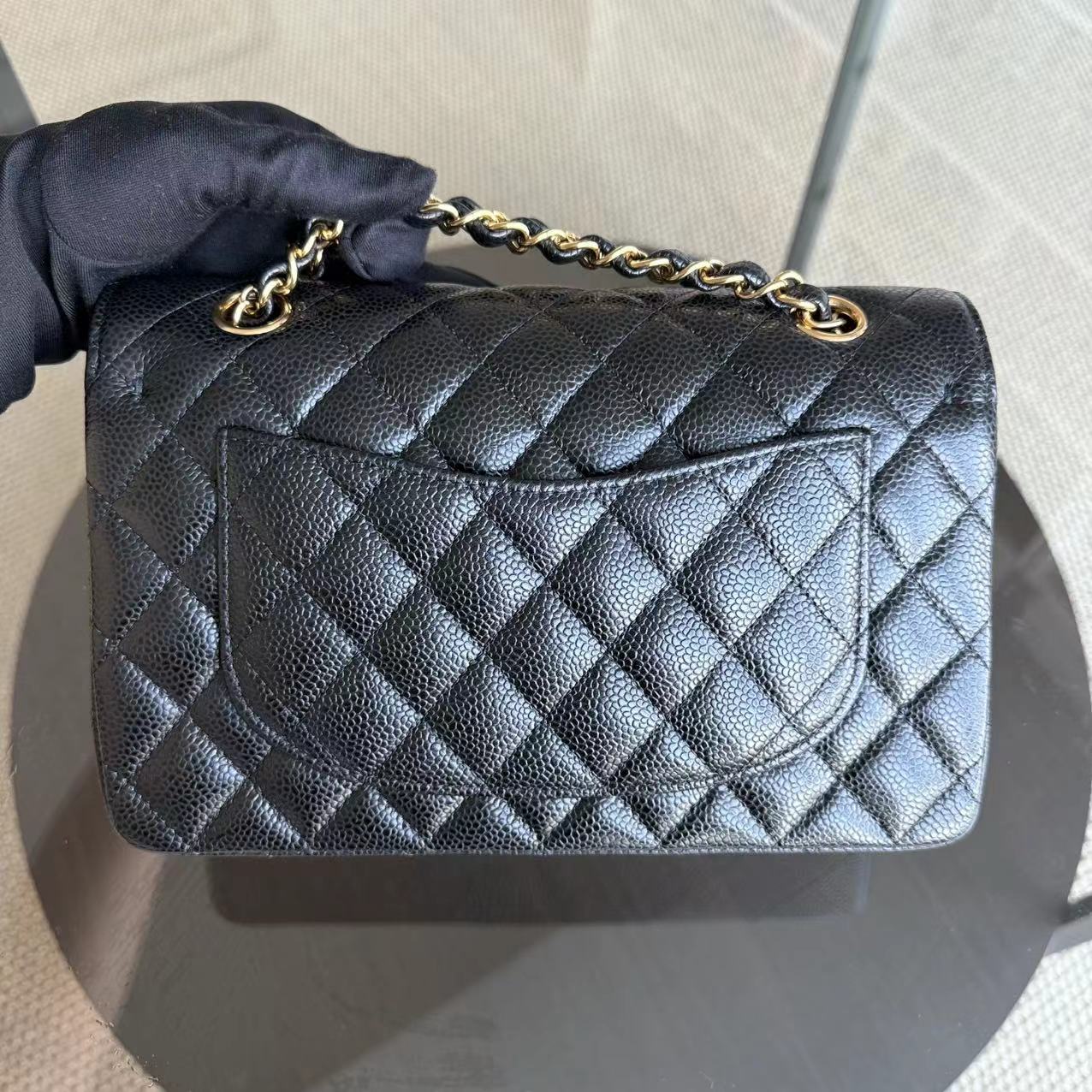 *Microchip, Full Set Receipt* Chanel Small Caviar Classic Flap Quilted Black Golden Hardware