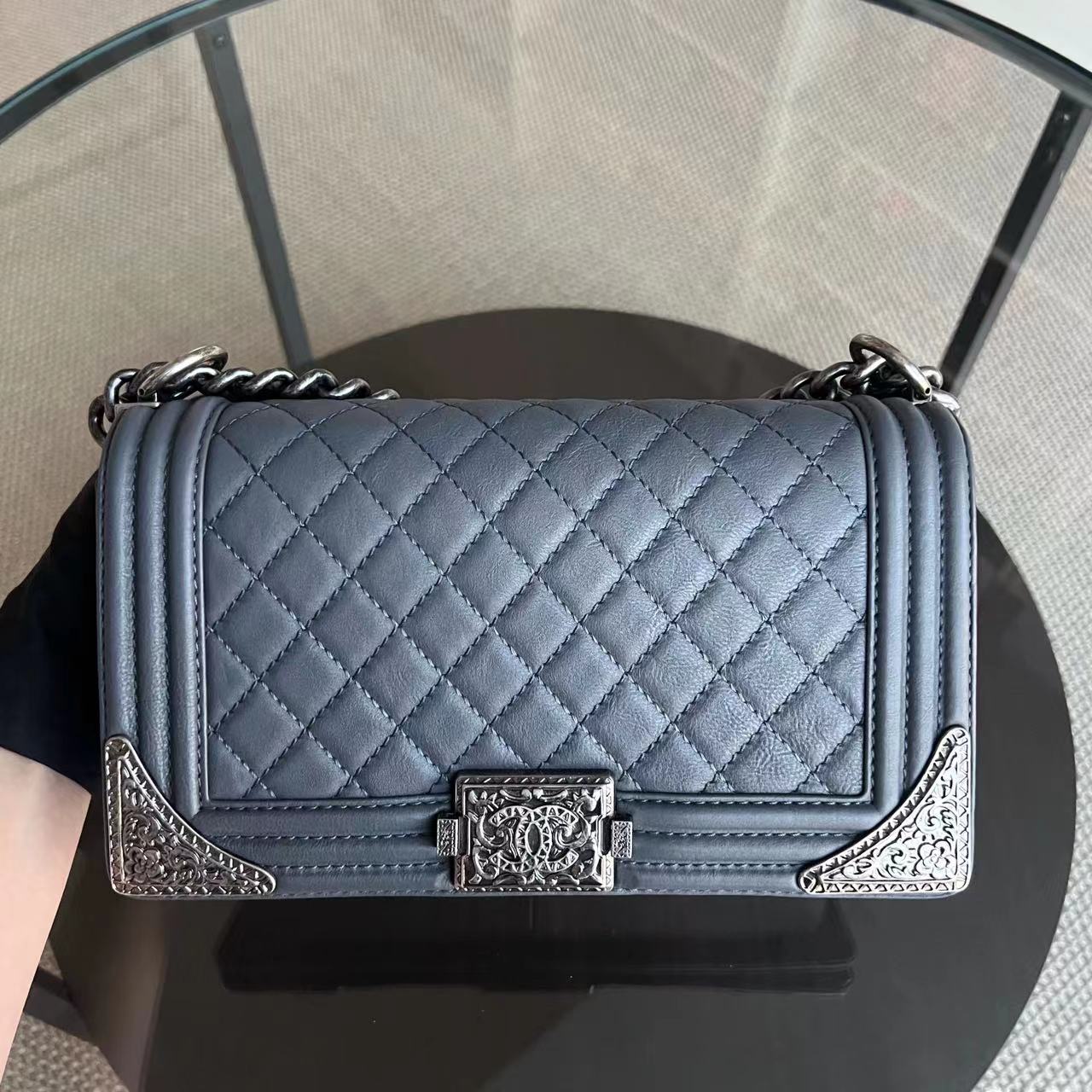 Chanel Boy Medium - 25CM Calfskin Quilted Limited Edition Metal Edges Leboy Ruthenium Silver Hardware Series 19