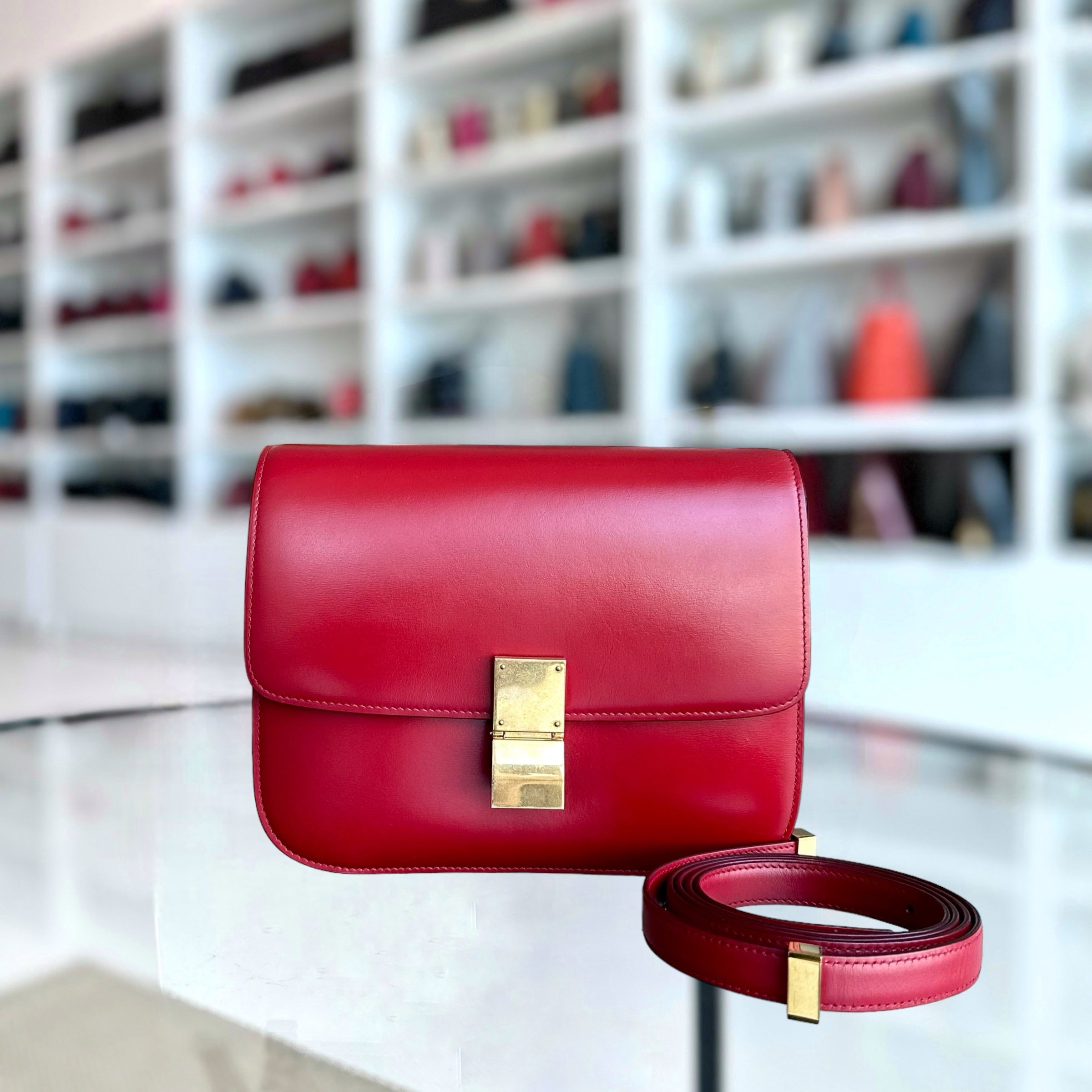 Celine Box Classic Smooth Calfskin Red Golden Hardware - Luxury Evermore