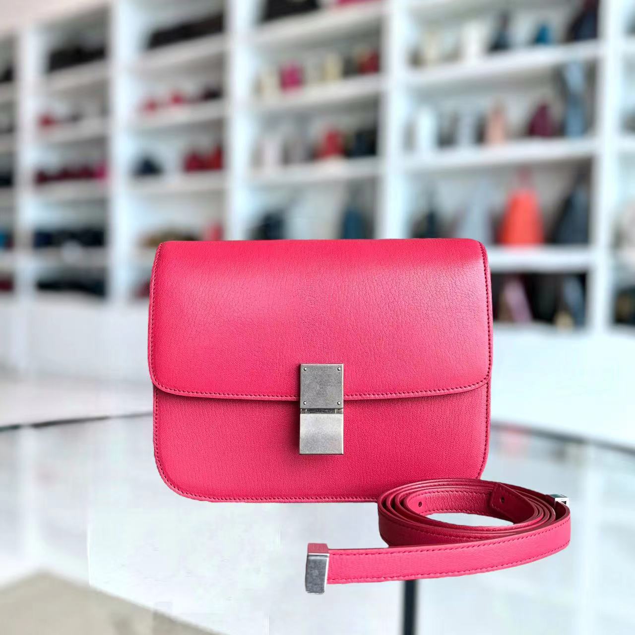 Celine Box Medium Grained Calfskin Hot Pink Silver Hardware - Luxury Evermore