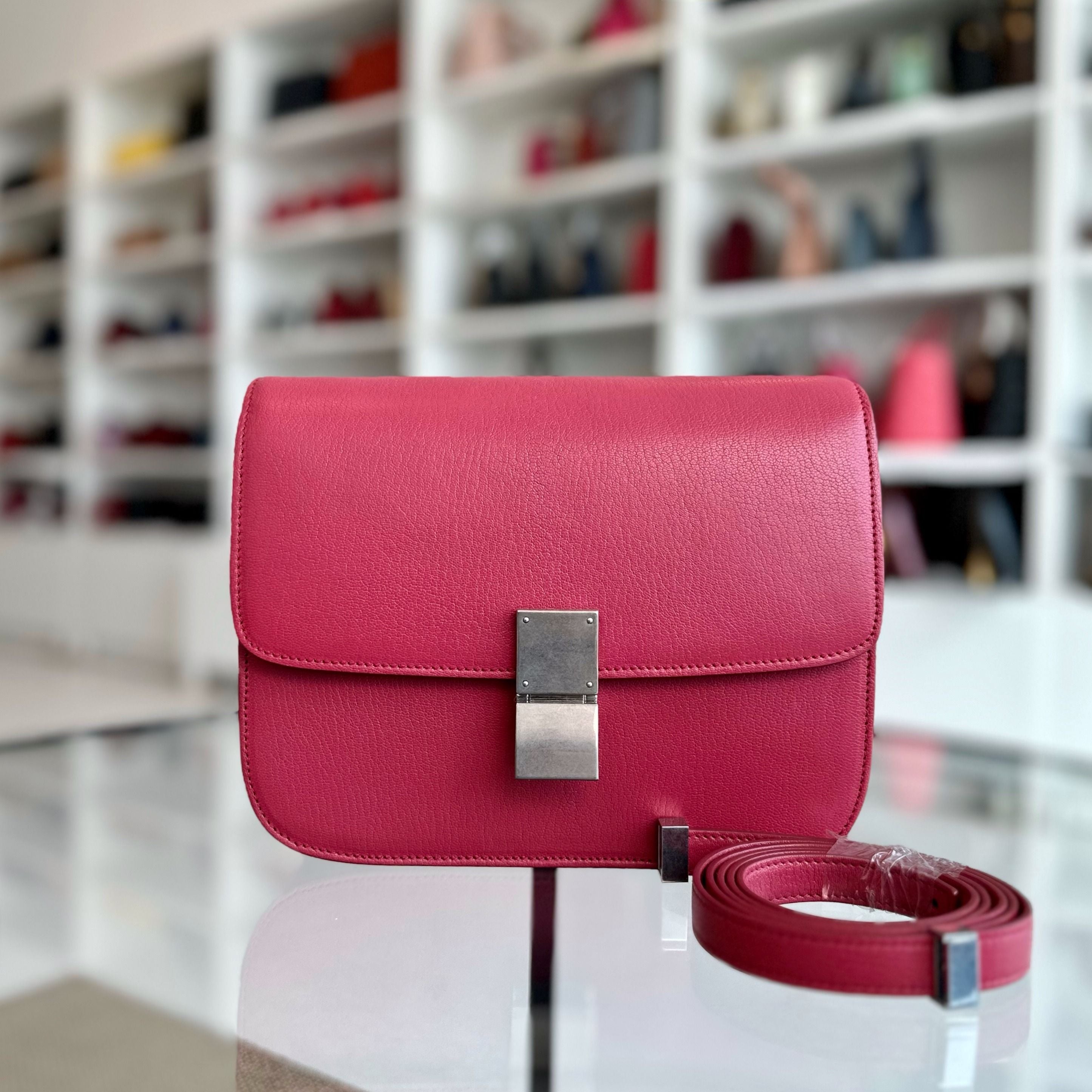 Celine Classic Box Medium Grained Pebbled Calfskin Leather Pink SHW - Luxury Evermore