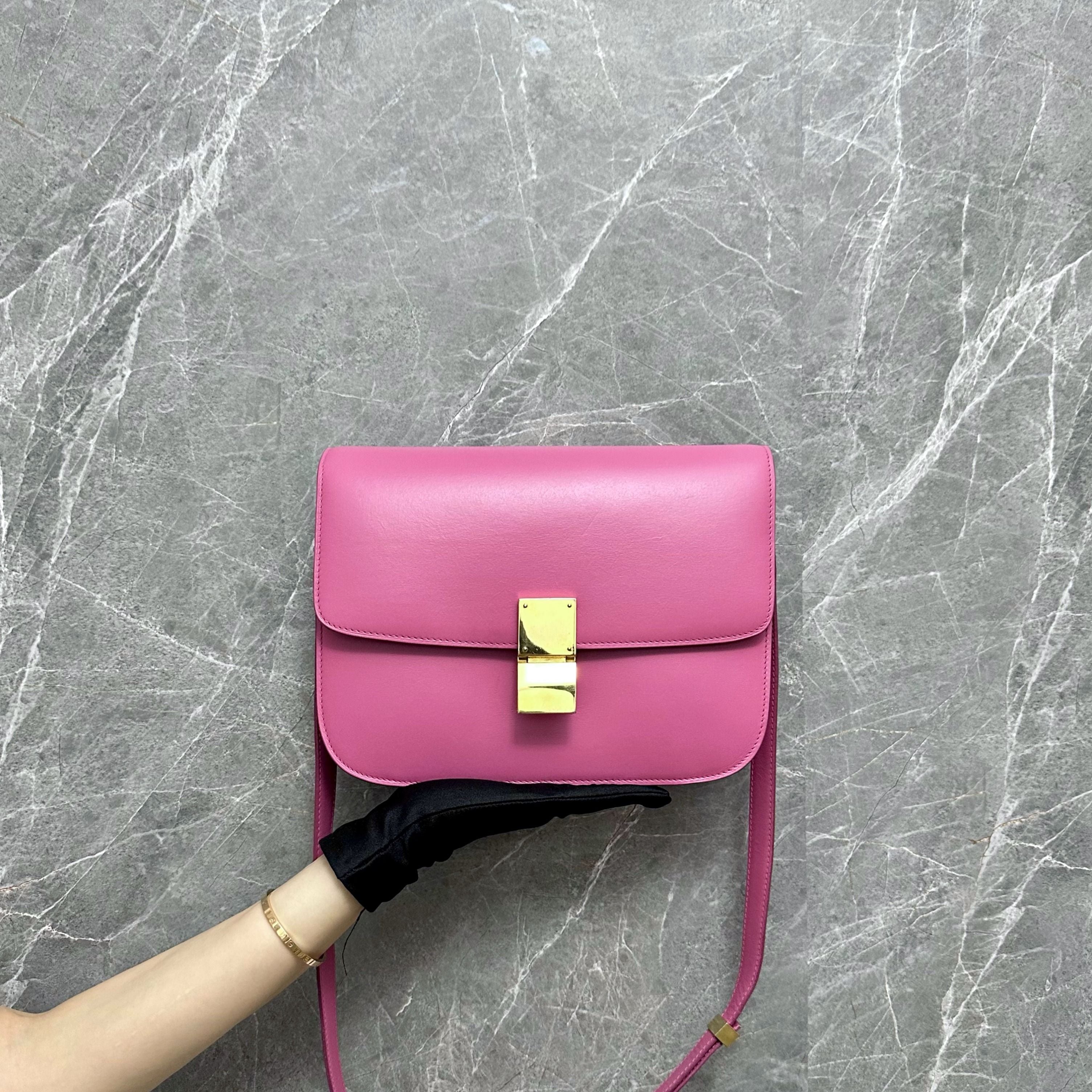 Celine Classic Box Medium Pink Flap Bag GHW - Luxury Evermore