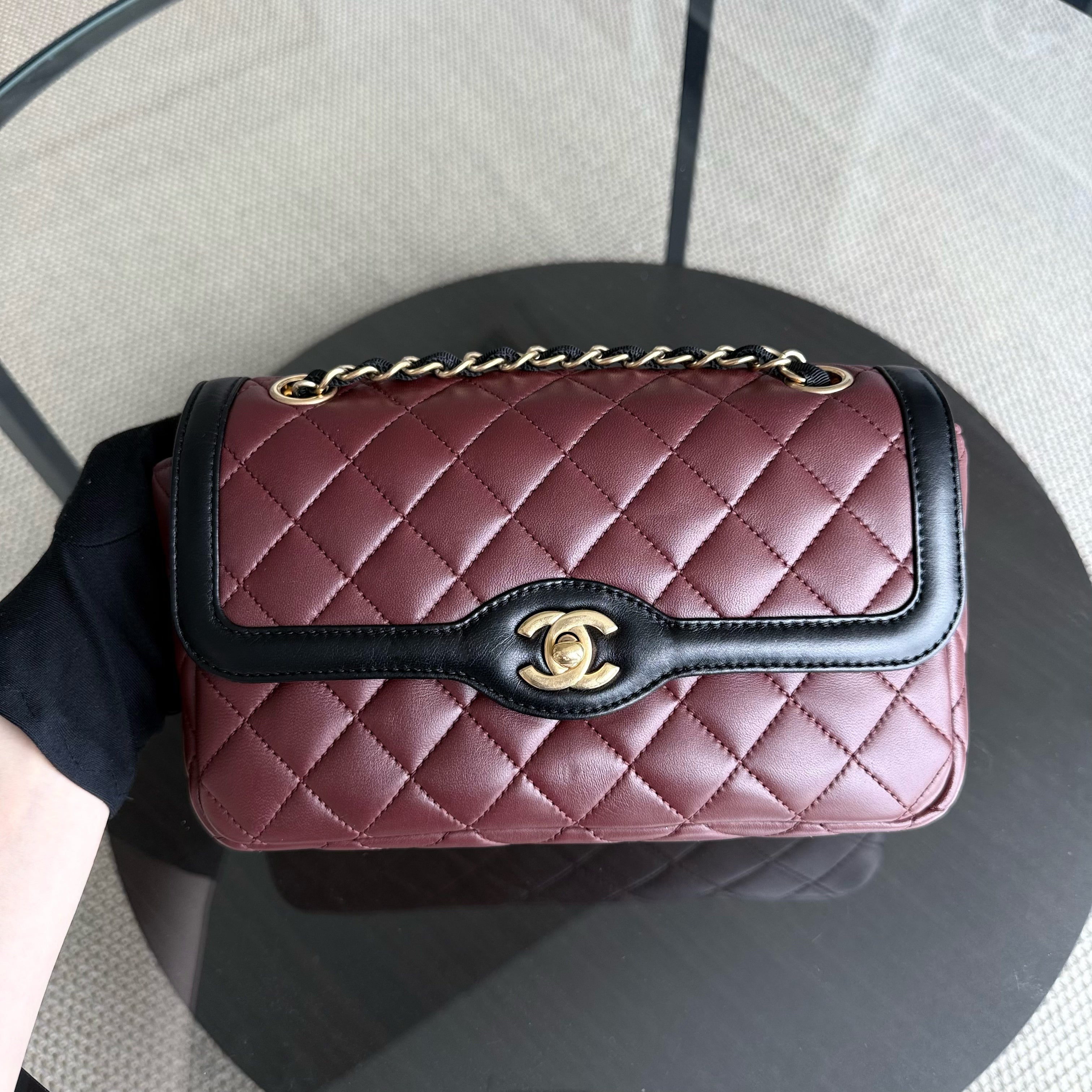 Chanel Seasonal Two-tone Flap - Quilted Lambskin Dark Burgundy Red Black Gold Hardware Series 21