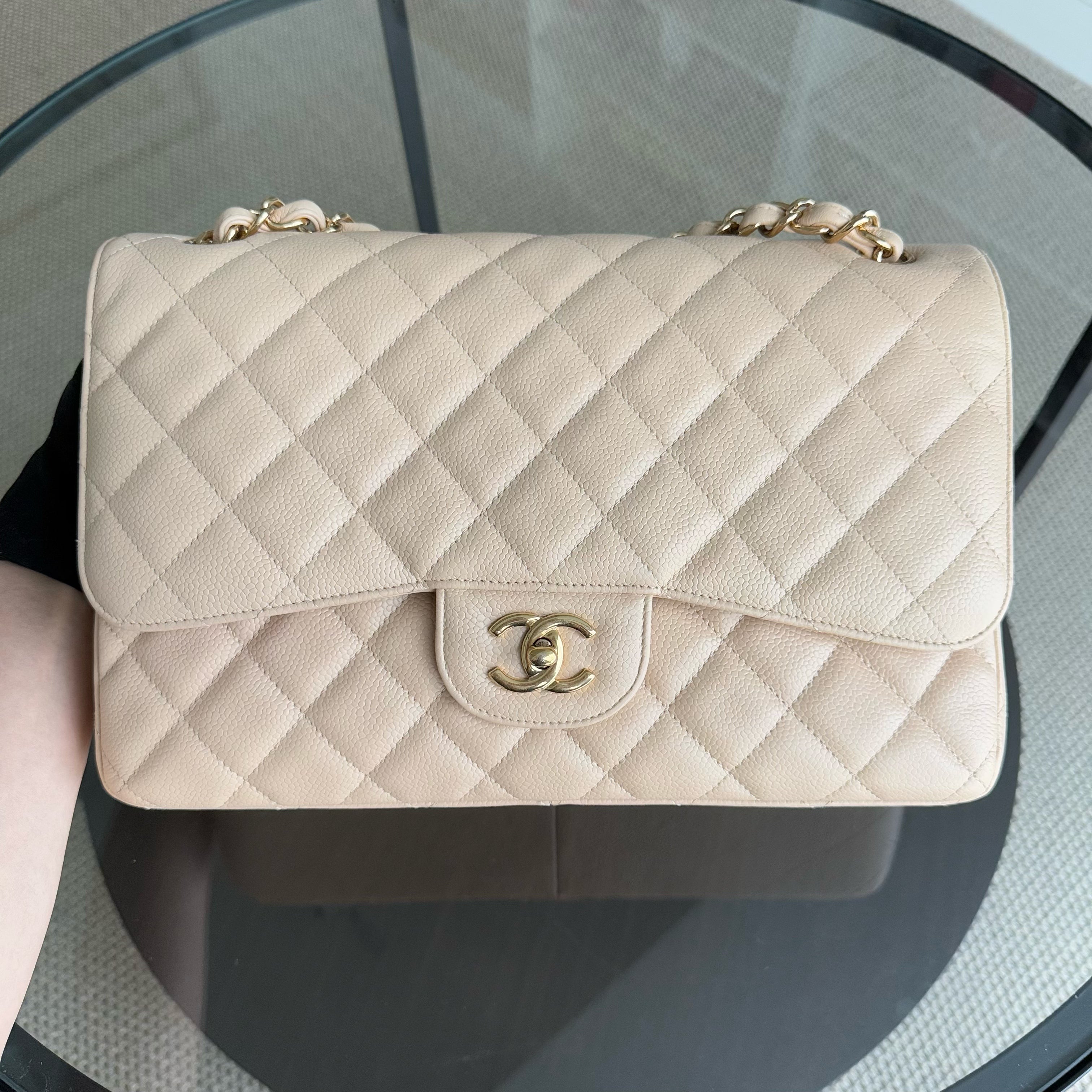 Chanel Classic Flap Jumbo - Caviar 30CM Double Flap Quilted Beige Gold Hardware Series 14