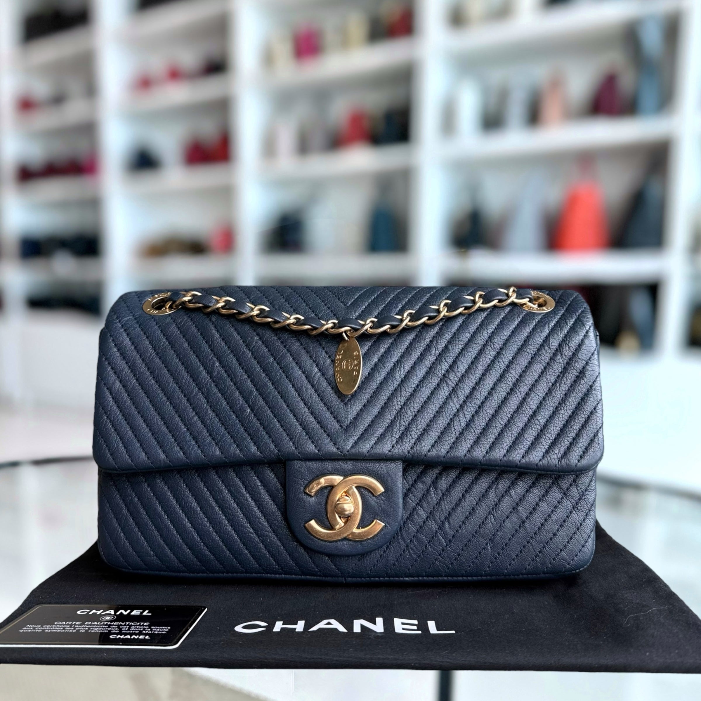 Chanel Seasonal Herringbone Medium Flap - Calfskin Chevron Blue Distressed Aged Gold Hardware Series 21