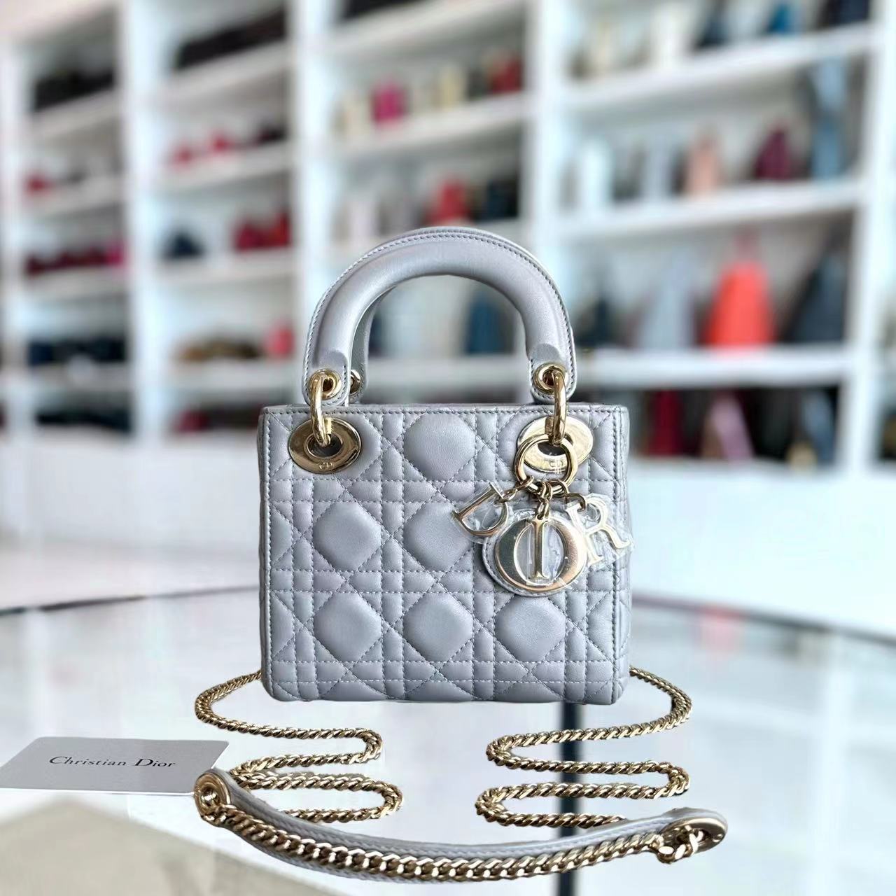 *Chain Strap* Dior Lady Mini Cannage Lambskin Light Grey Gray Golden Hardware - Luxury Evermore