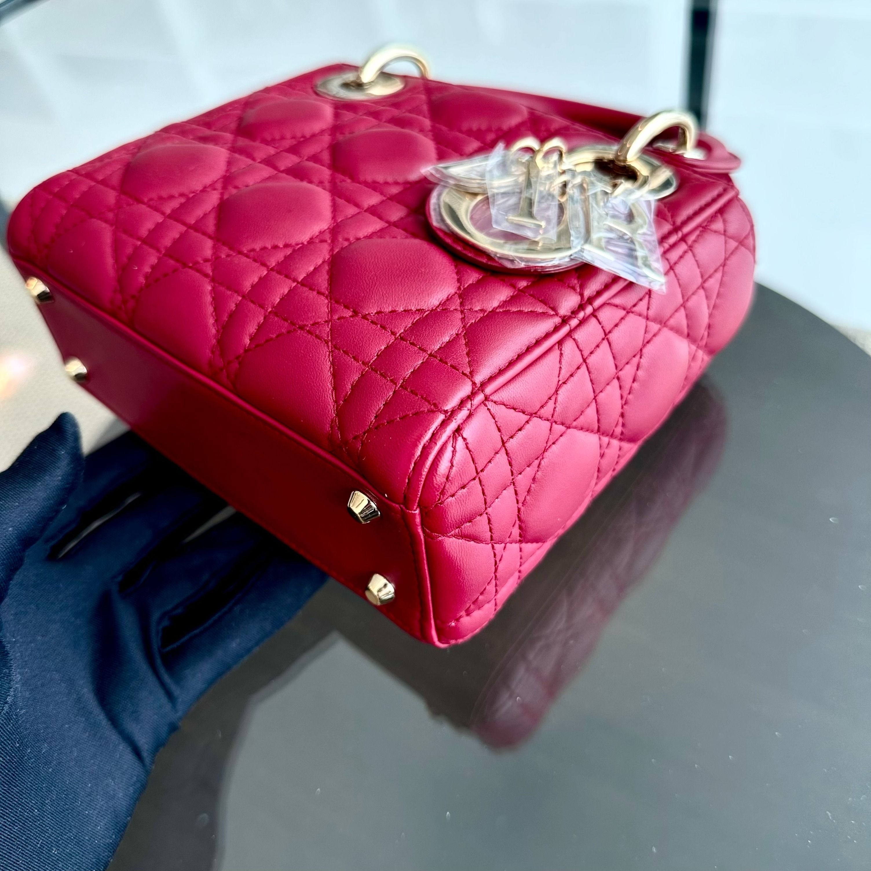 *Chain Strap* Dior Lady Mini Lambskin Cannage Burgundy GHW - Luxury Evermore