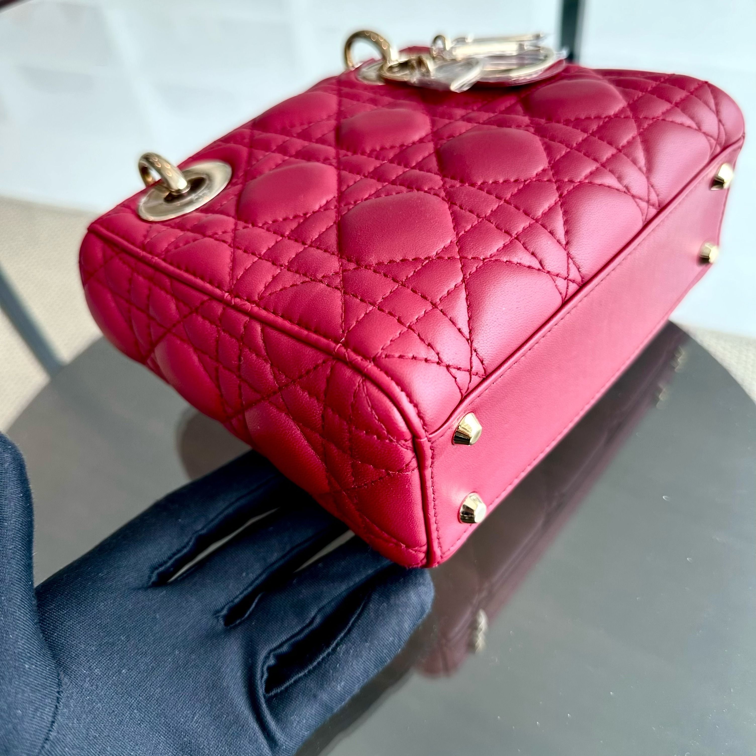 *Chain Strap* Dior Lady Mini Lambskin Cannage Burgundy GHW - Luxury Evermore