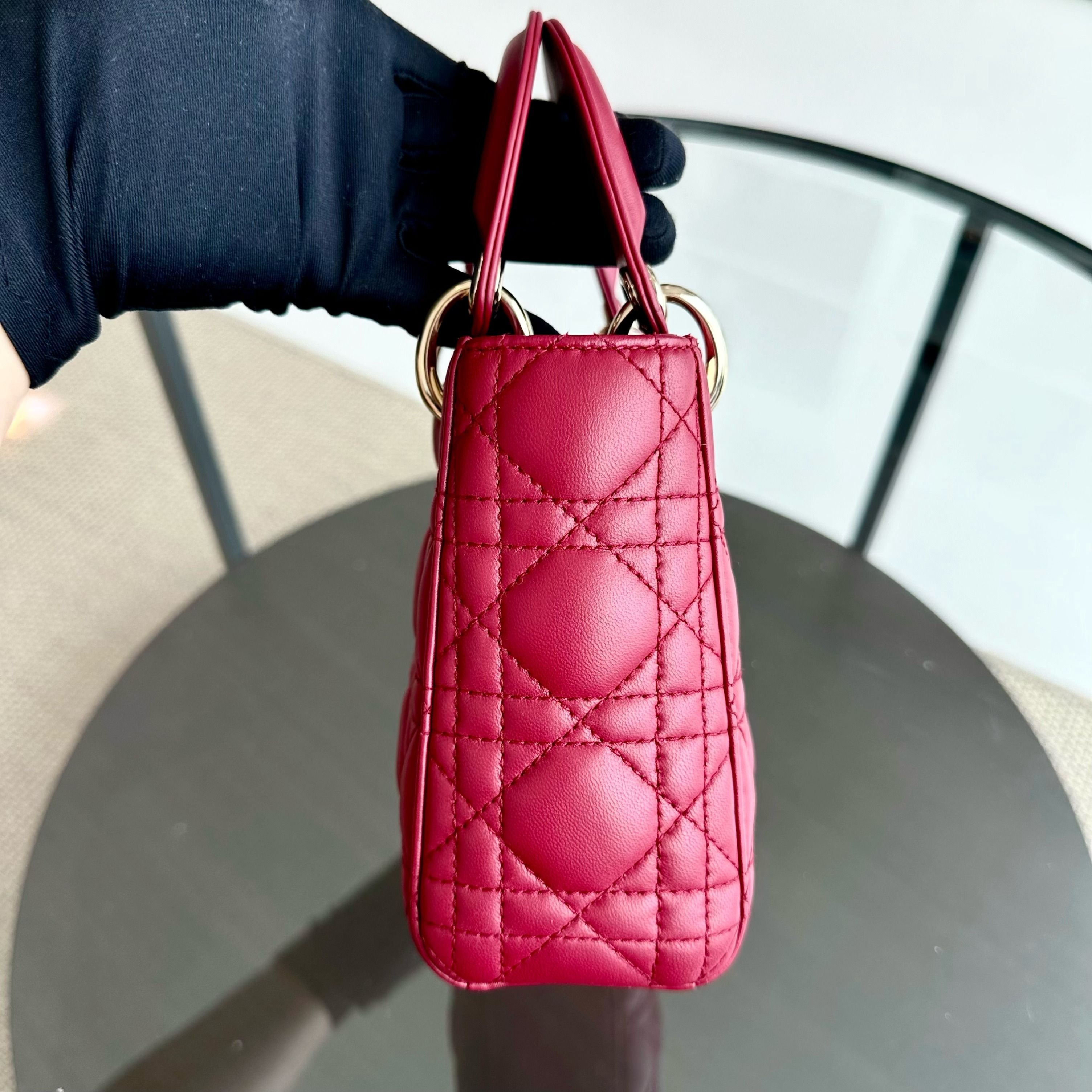 *Chain Strap* Dior Lady Mini Lambskin Cannage Burgundy GHW - Luxury Evermore