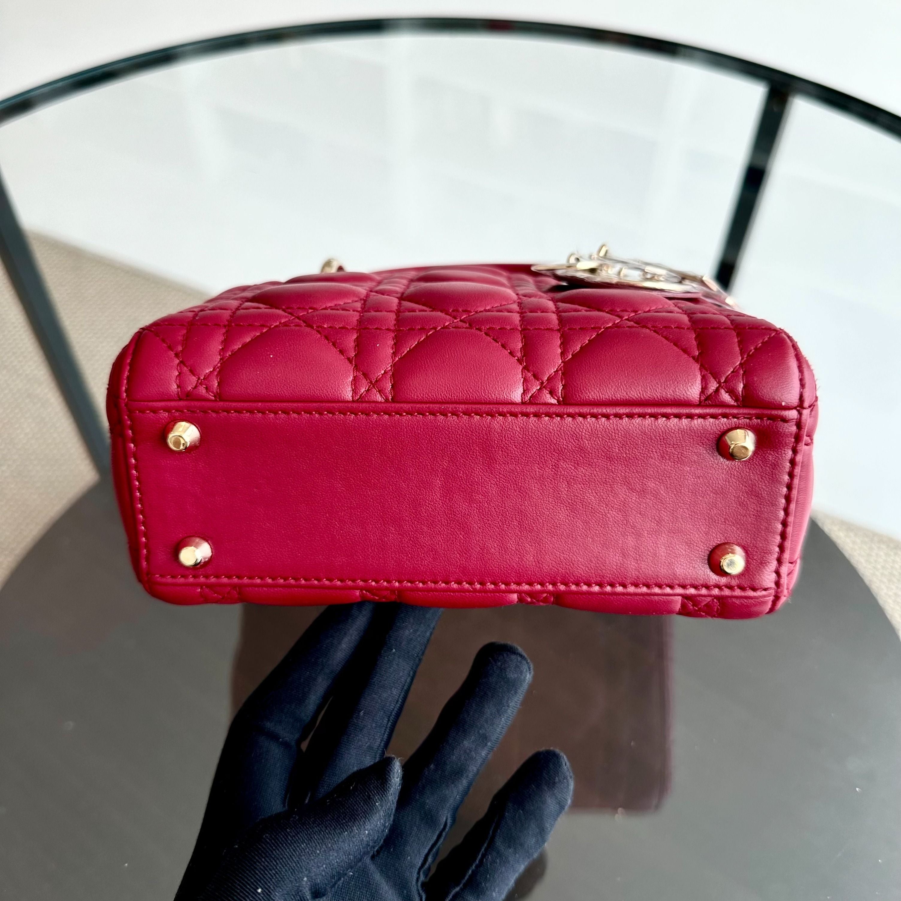 *Chain Strap* Dior Lady Mini Lambskin Cannage Burgundy GHW - Luxury Evermore