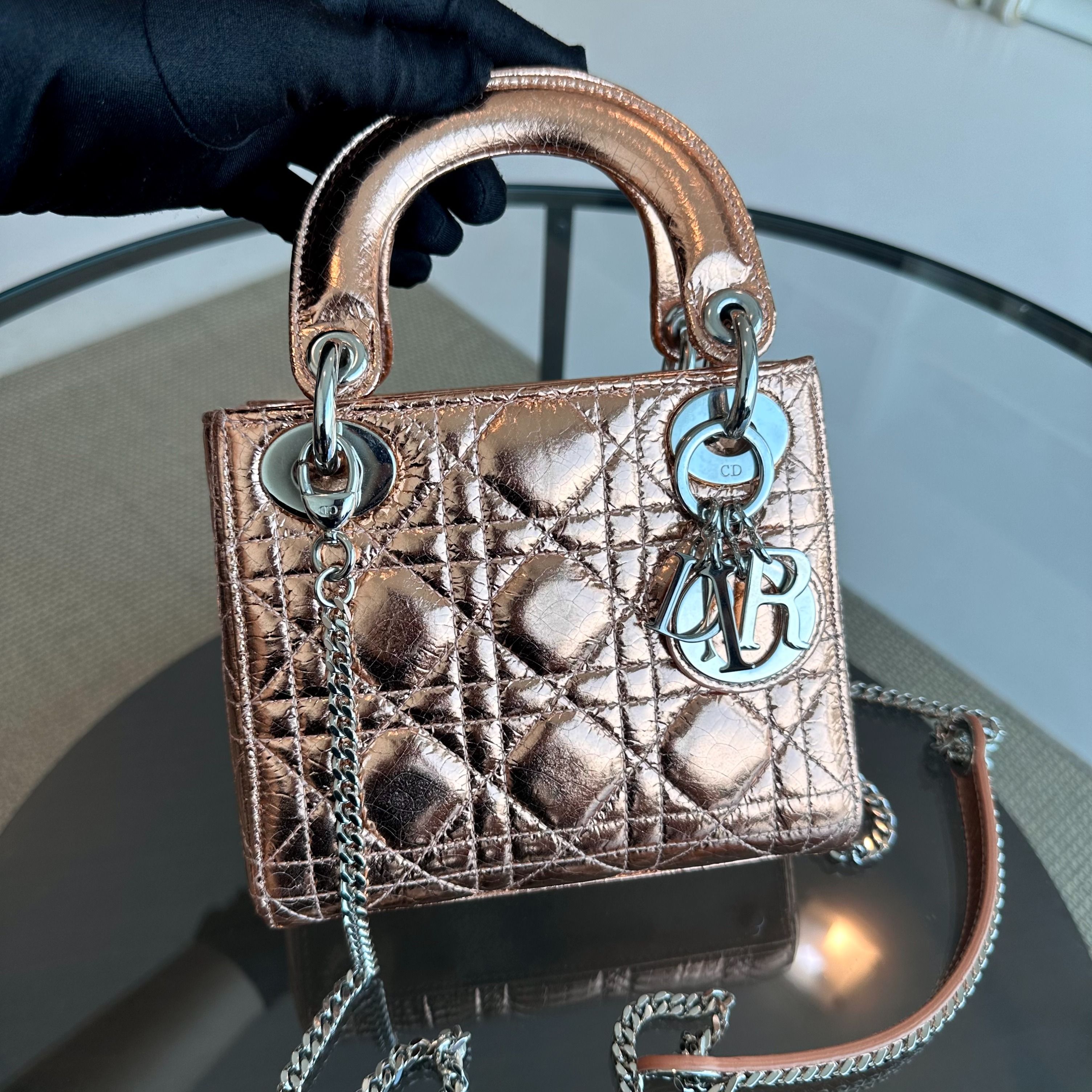 *Chain Strap* Dior Lady Mini Metallic Cannage Rose Gold SHW - Luxury Evermore