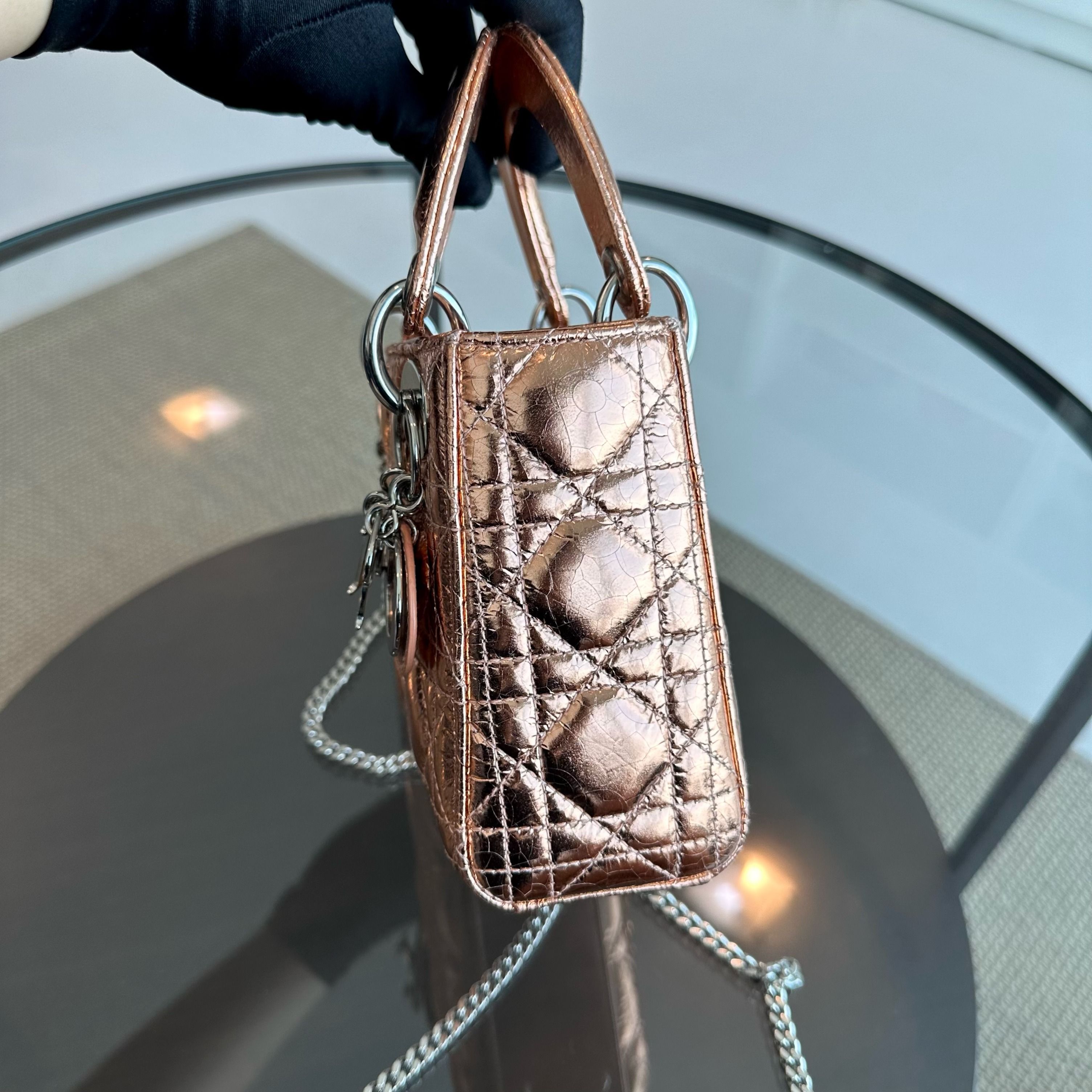 *Chain Strap* Dior Lady Mini Metallic Cannage Rose Gold SHW - Luxury Evermore