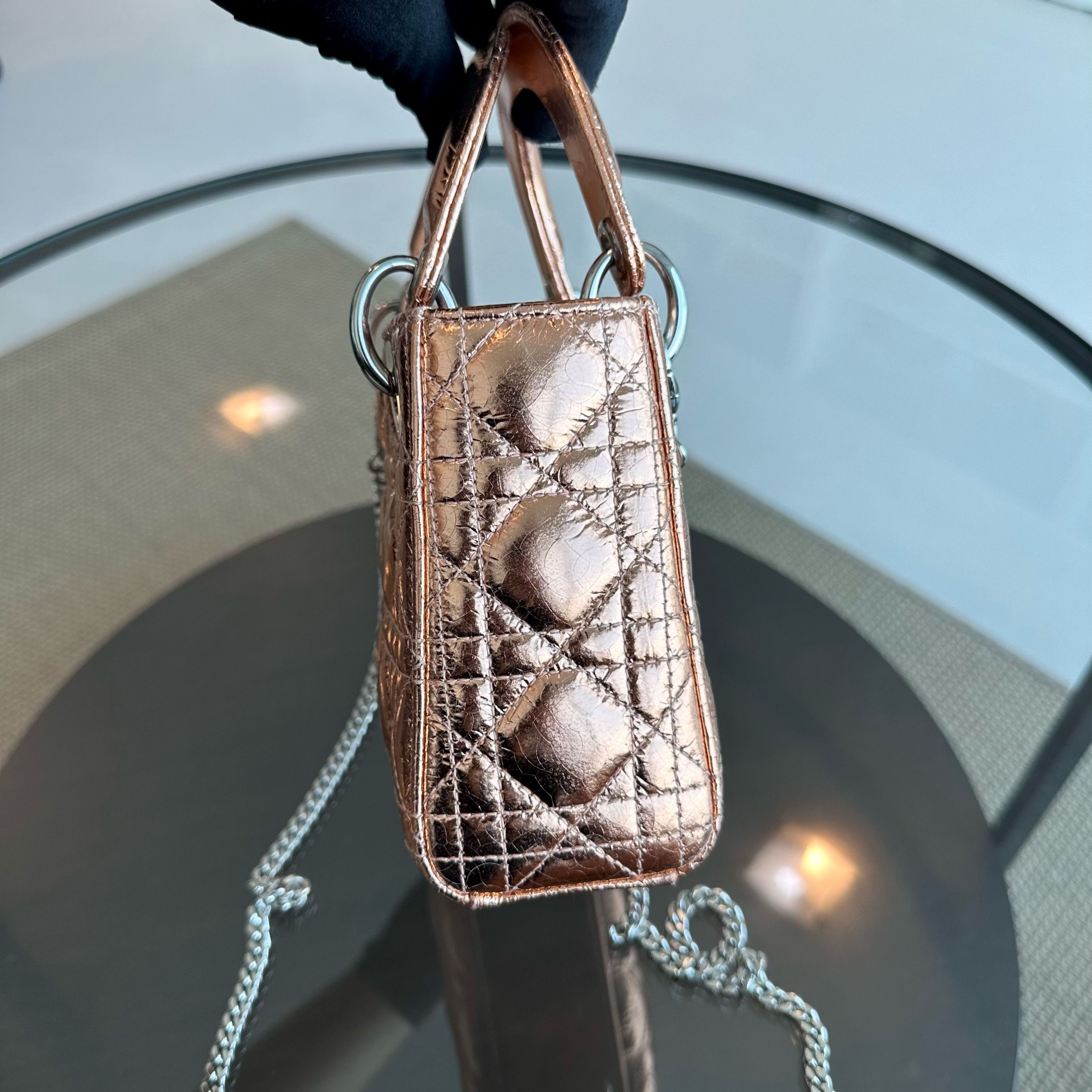 *Chain Strap* Dior Lady Mini Metallic Cannage Rose Gold SHW - Luxury Evermore