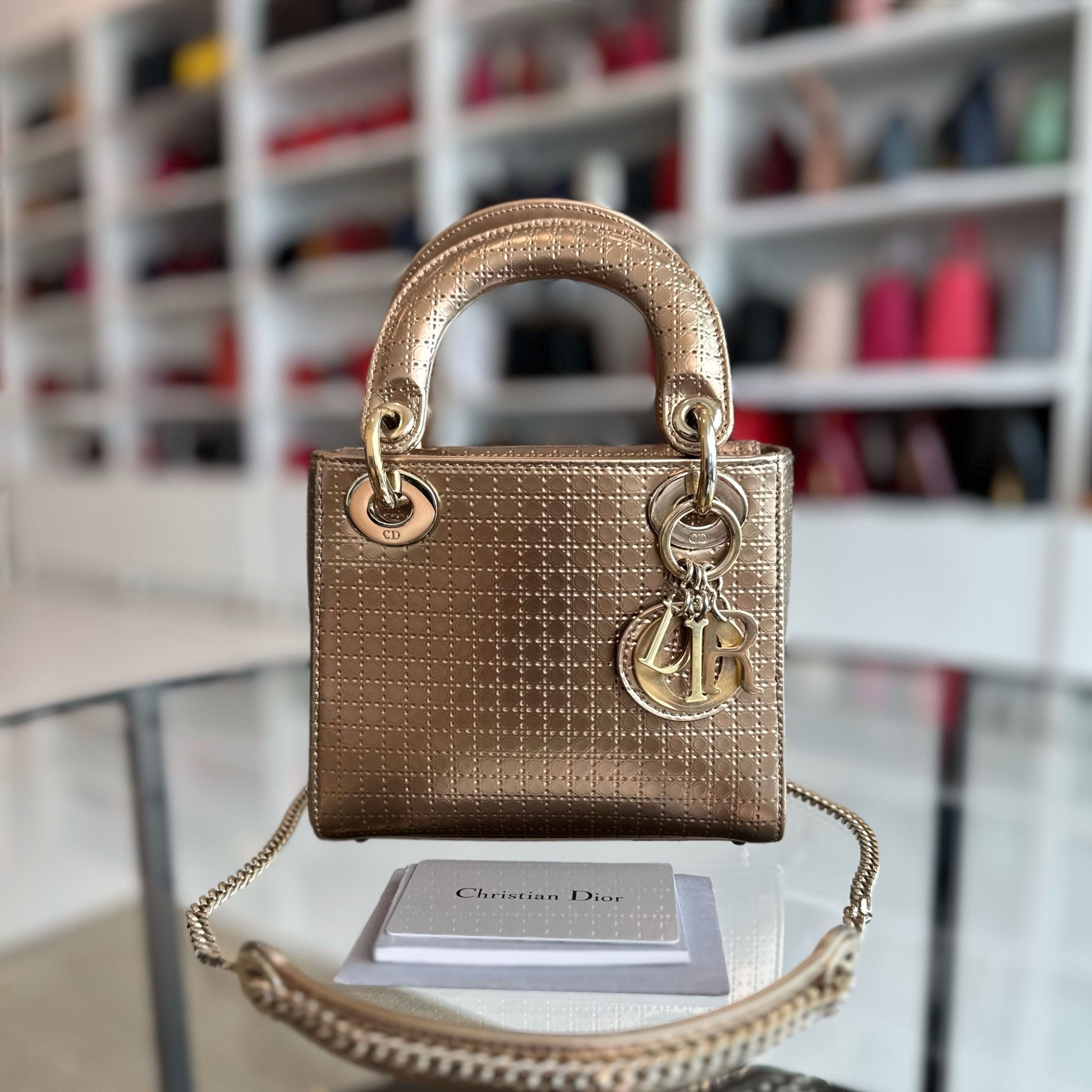 *Chain Strap* Dior Lady Mini Metallic Micro-Cannage Gold GHW - Luxury Evermore