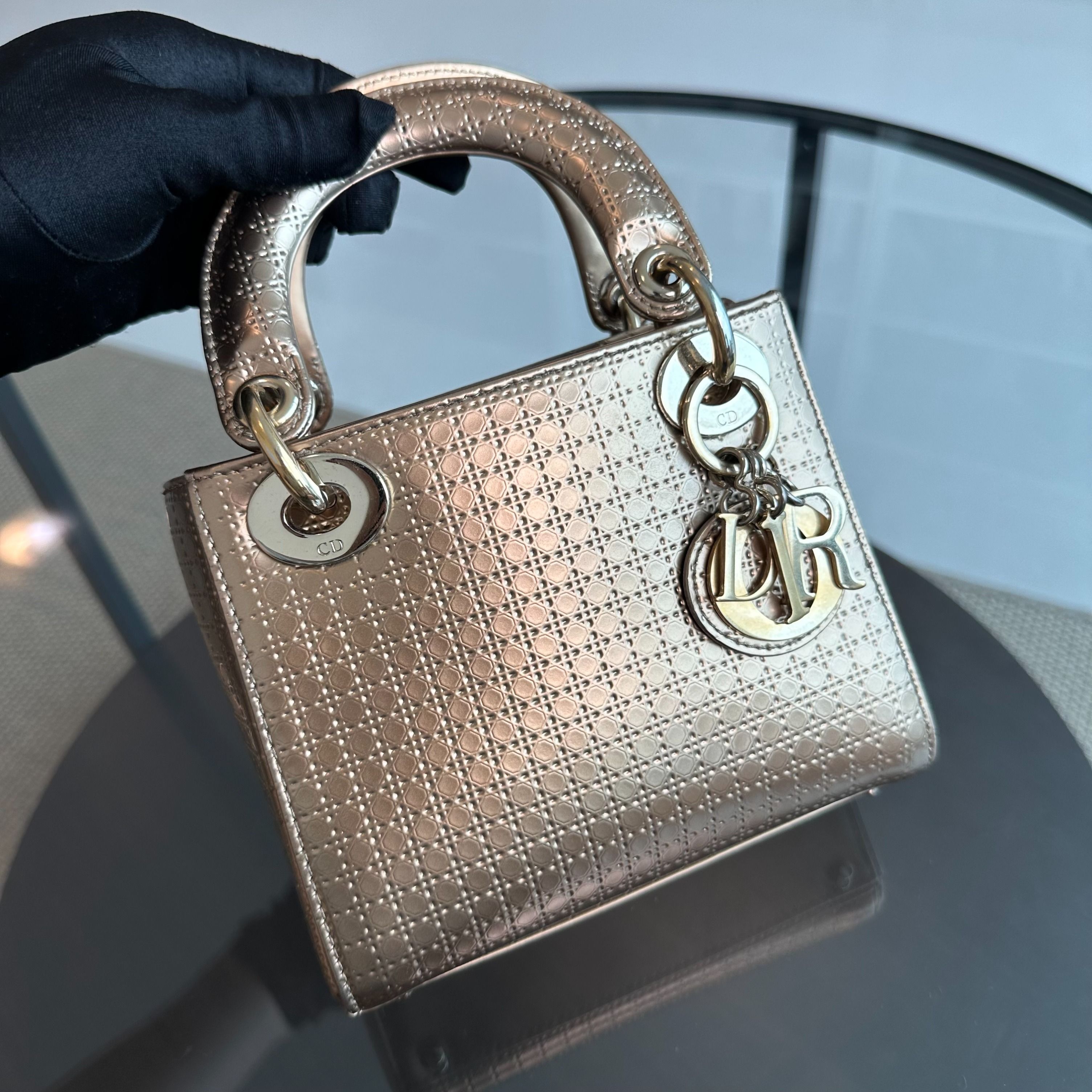 *Chain Strap* Dior Lady Mini Metallic Micro-Cannage Gold GHW - Luxury Evermore