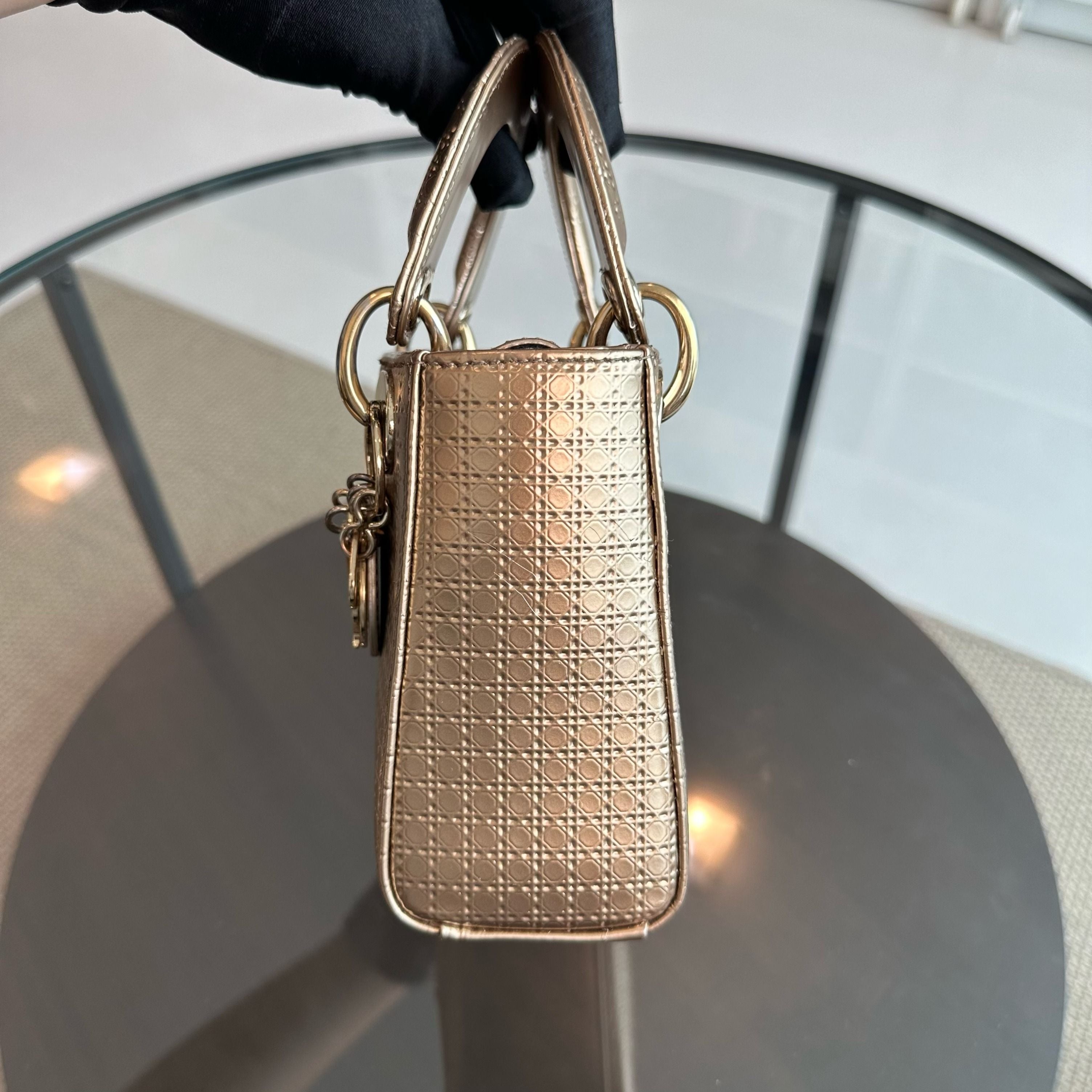 *Chain Strap* Dior Lady Mini Metallic Micro-Cannage Gold GHW - Luxury Evermore