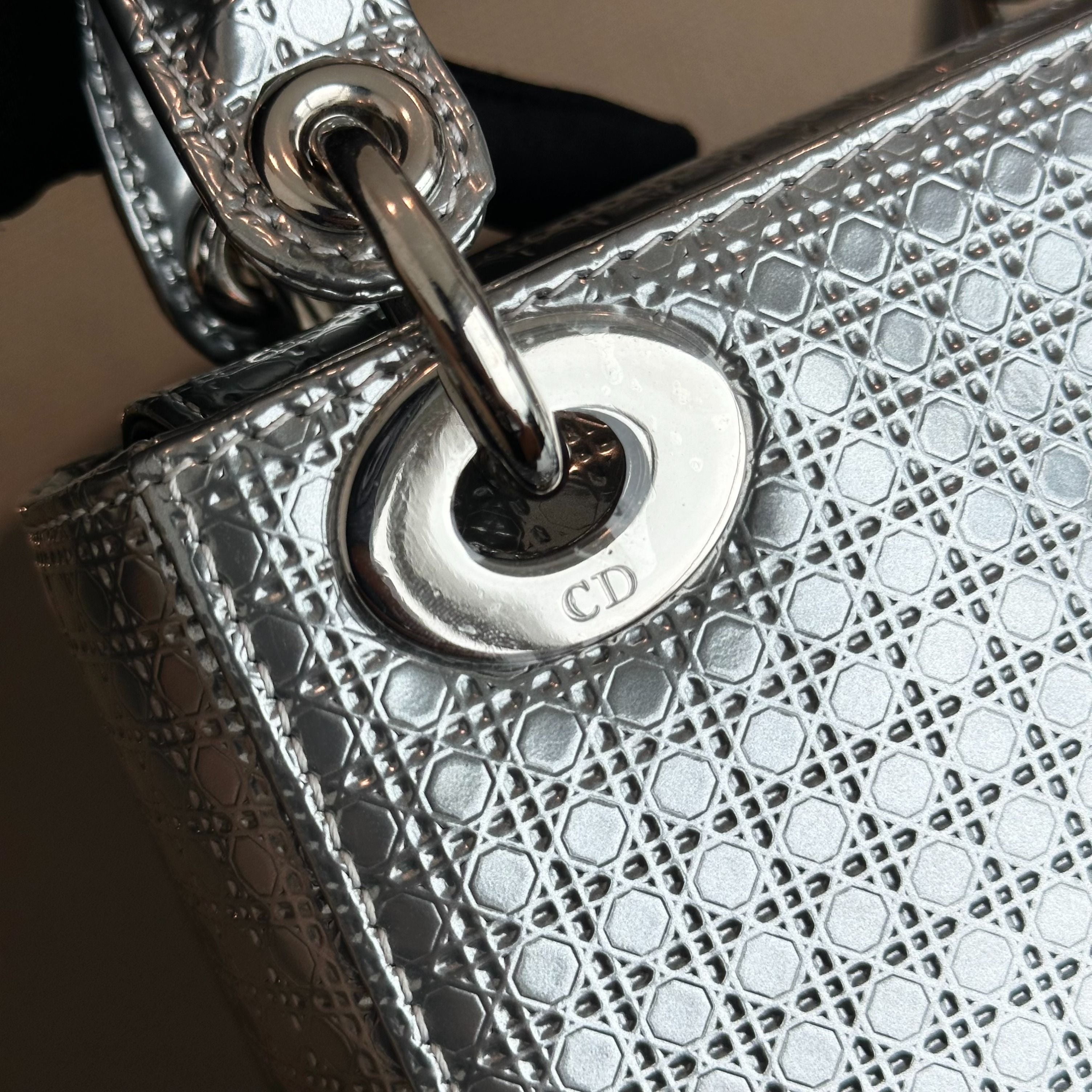 *Chain Strap* Dior Lady Mini Metallic Silver Micro-Cannage SHW - Luxury Evermore