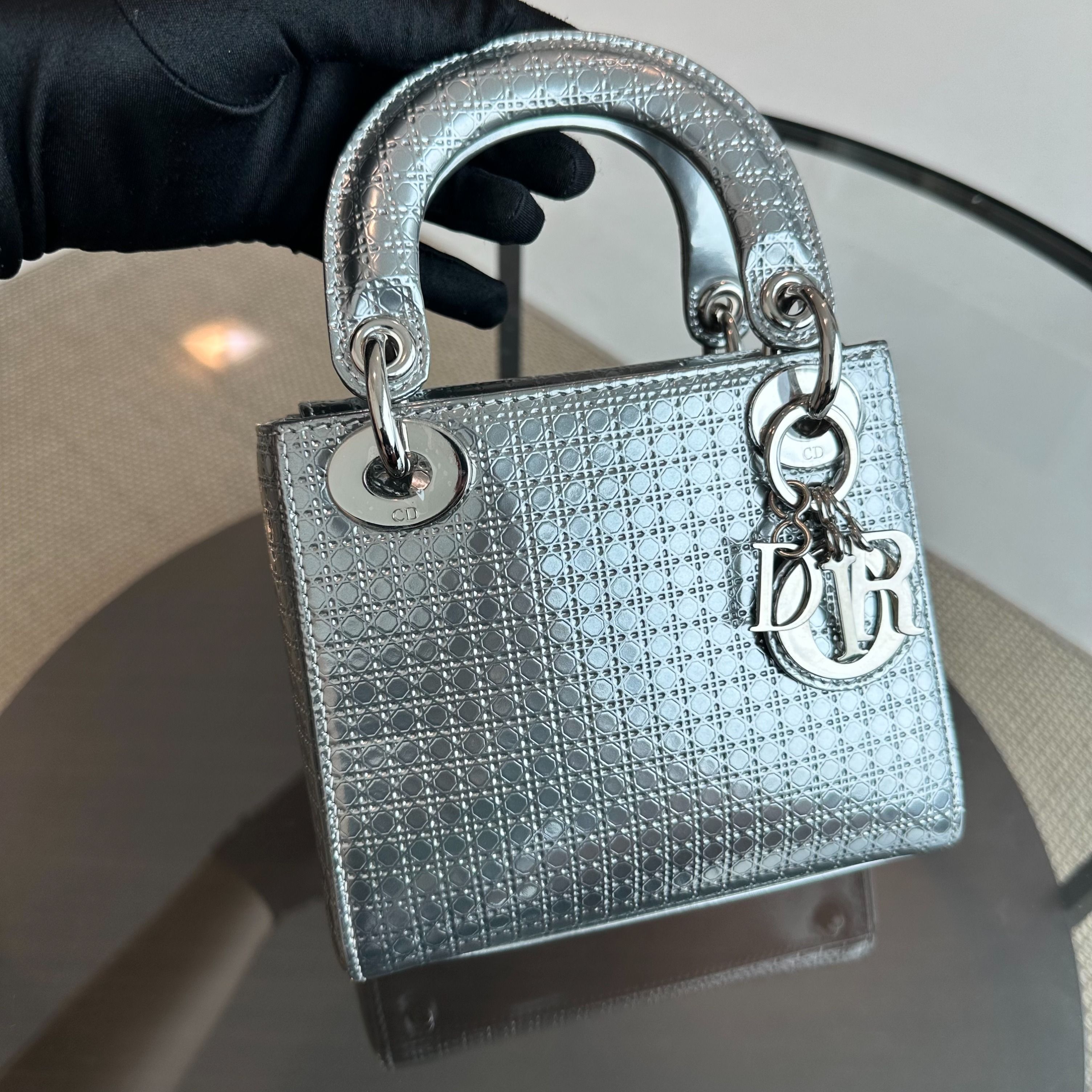 *Chain Strap* Dior Lady Mini Metallic Silver Micro-Cannage SHW - Luxury Evermore