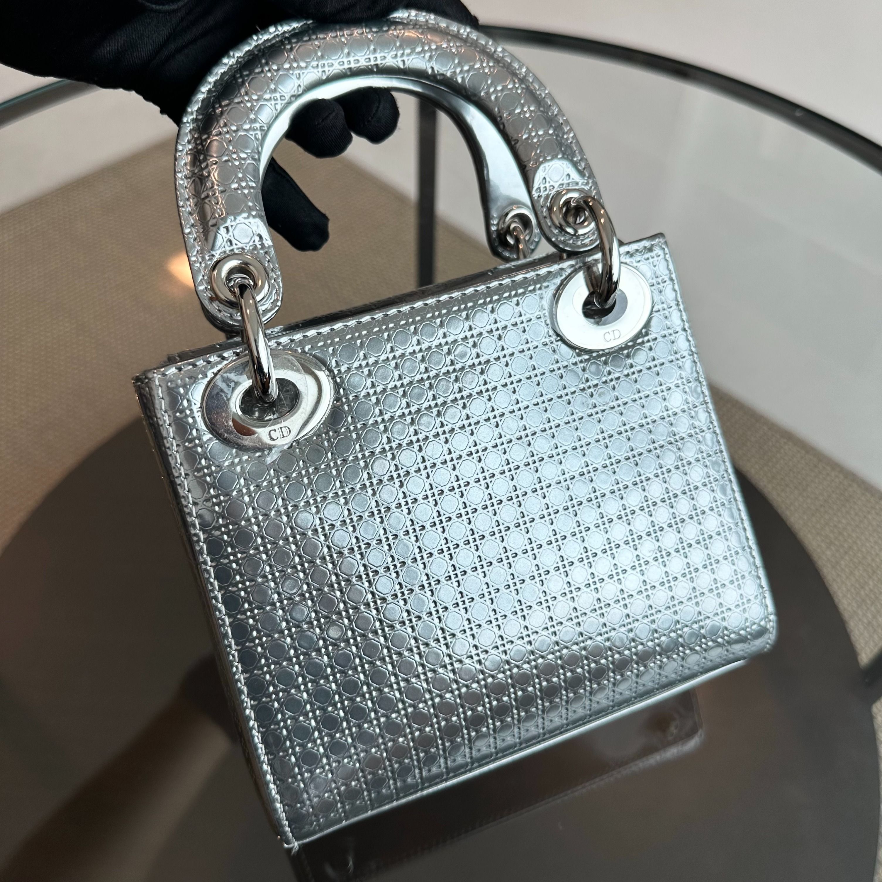 *Chain Strap* Dior Lady Mini Metallic Silver Micro-Cannage SHW - Luxury Evermore