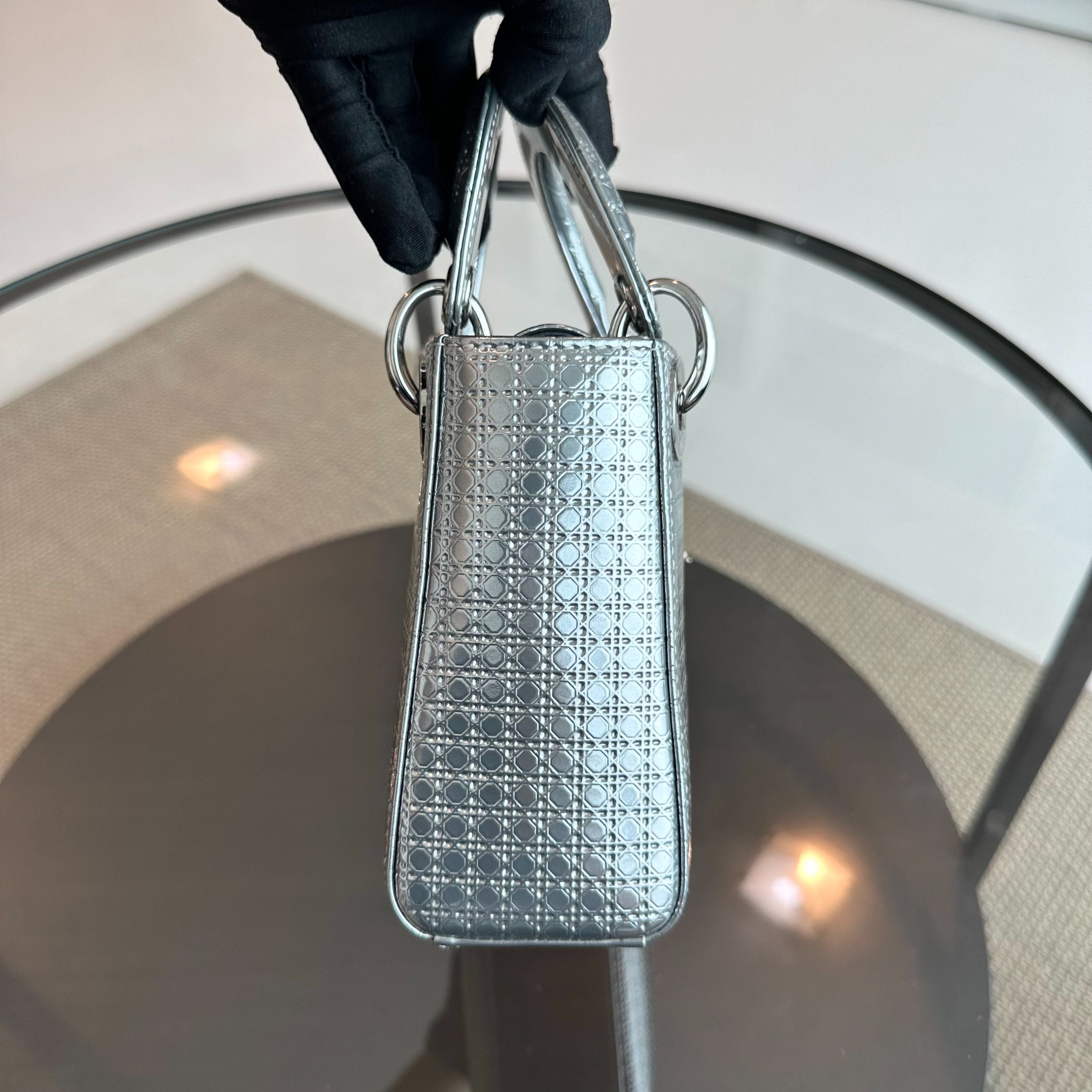 *Chain Strap* Dior Lady Mini Metallic Silver Micro-Cannage SHW - Luxury Evermore