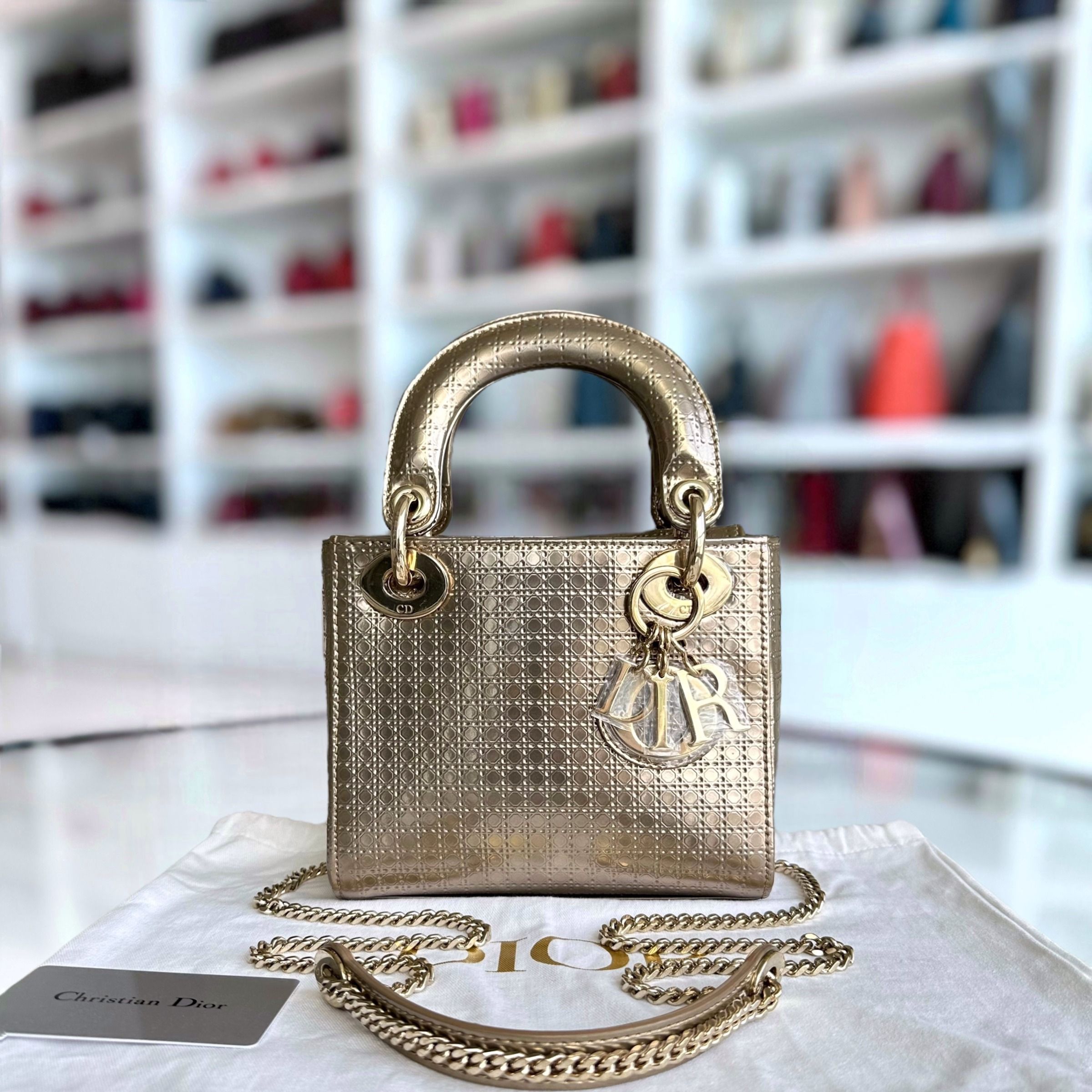 *Chain strap* Dior Lady Mini Micro-Cannage Glazed Calfskin Gold GHW - Luxury Evermore