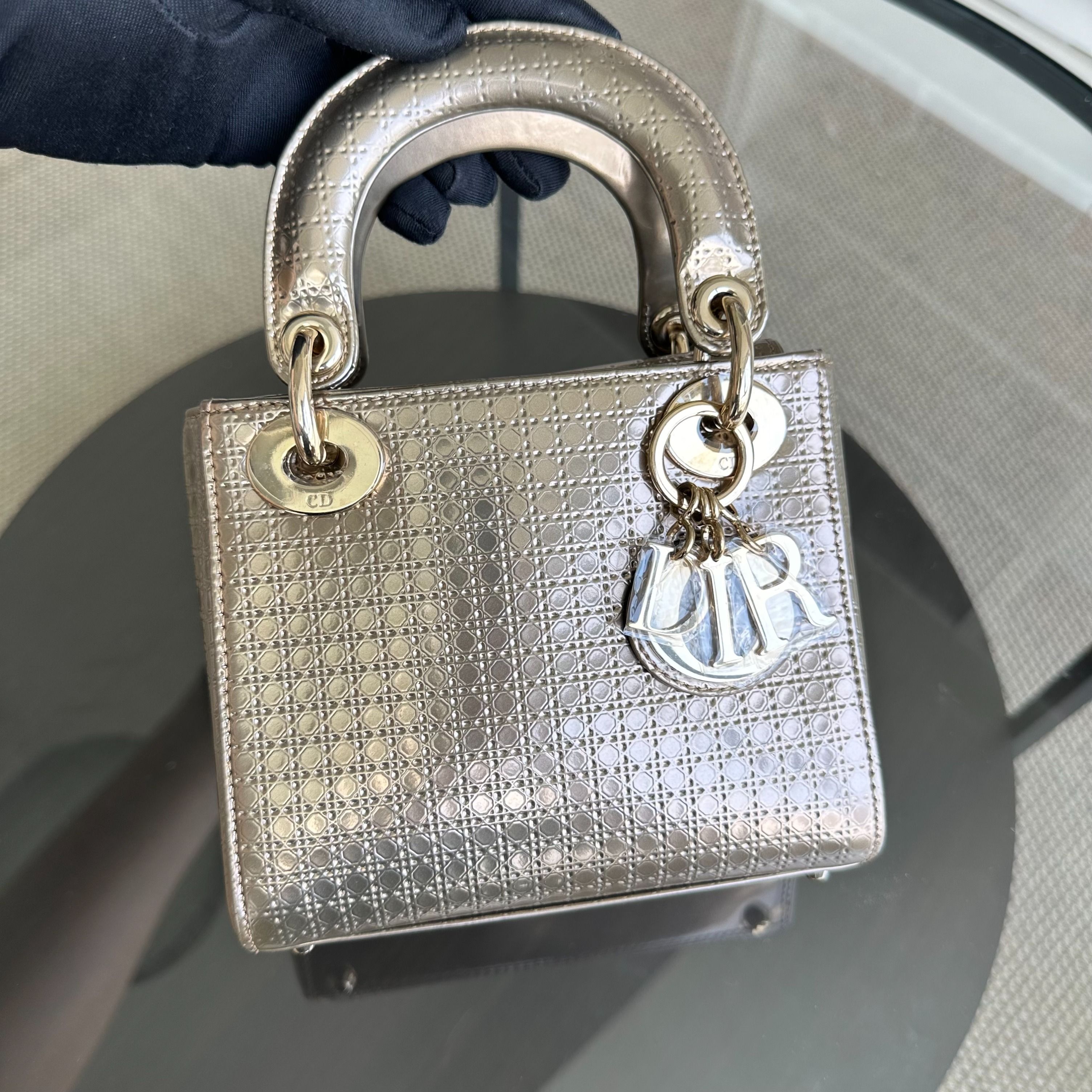 *Chain strap* Dior Lady Mini Micro-Cannage Glazed Calfskin Gold GHW - Luxury Evermore