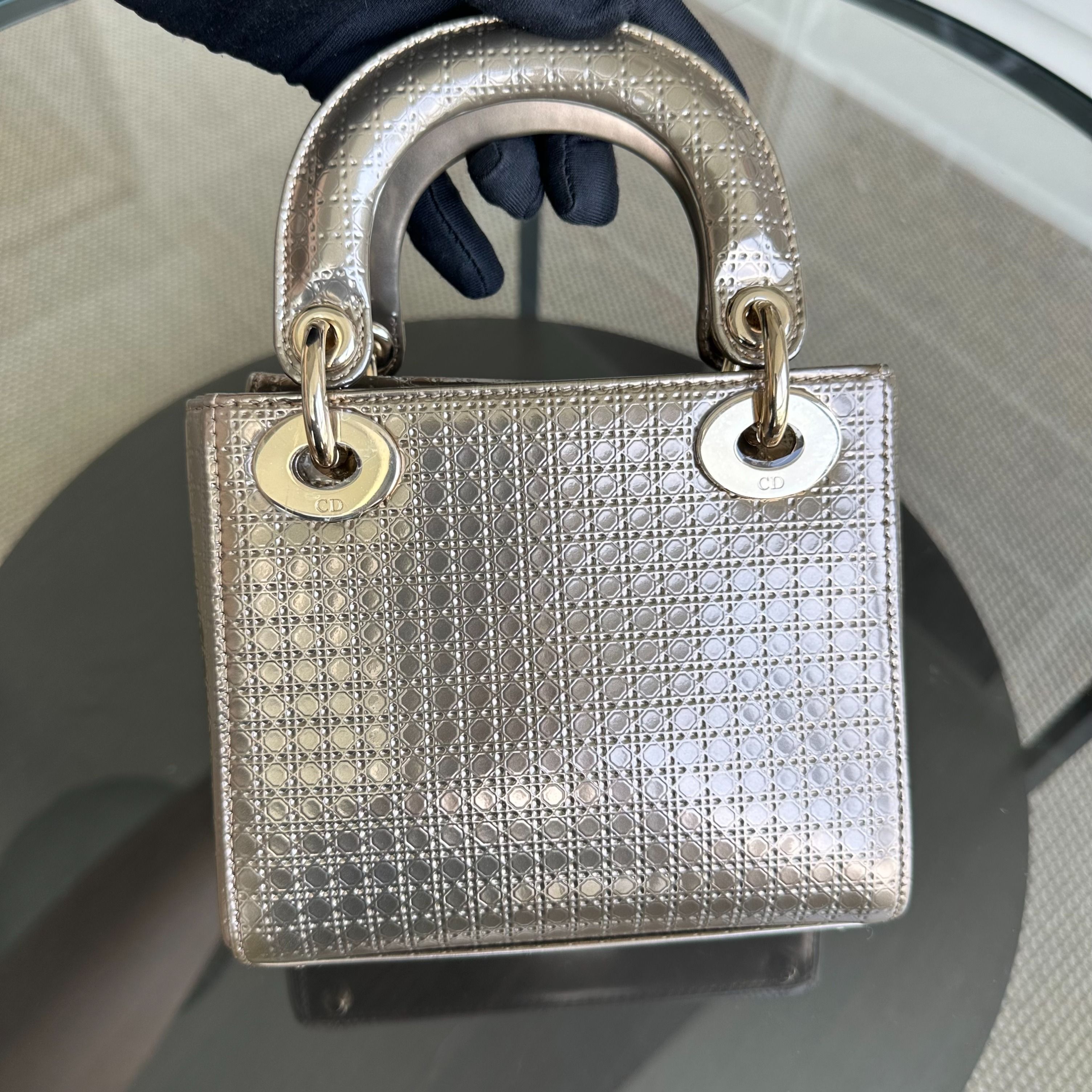 *Chain strap* Dior Lady Mini Micro-Cannage Glazed Calfskin Gold GHW - Luxury Evermore