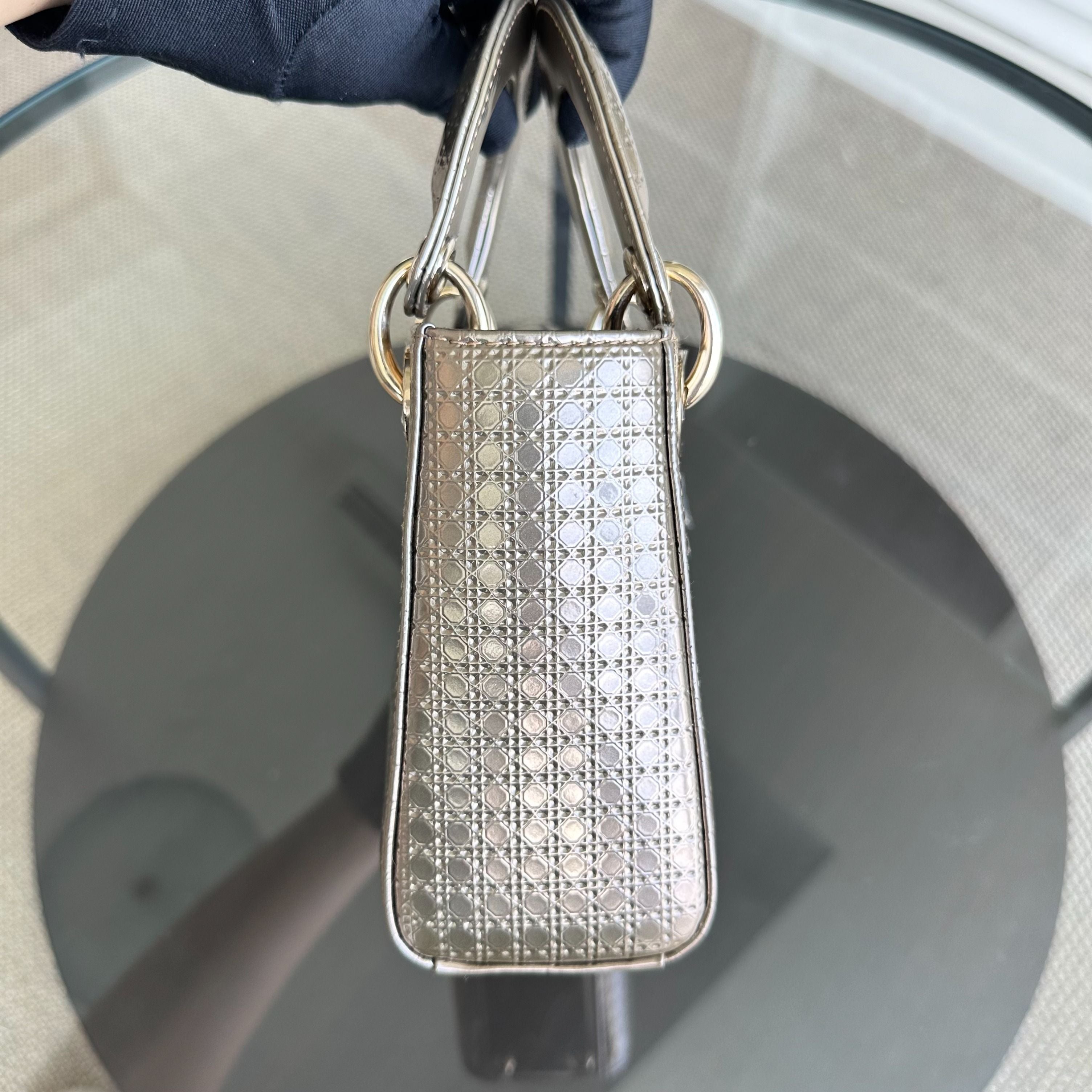 *Chain strap* Dior Lady Mini Micro-Cannage Glazed Calfskin Gold GHW - Luxury Evermore