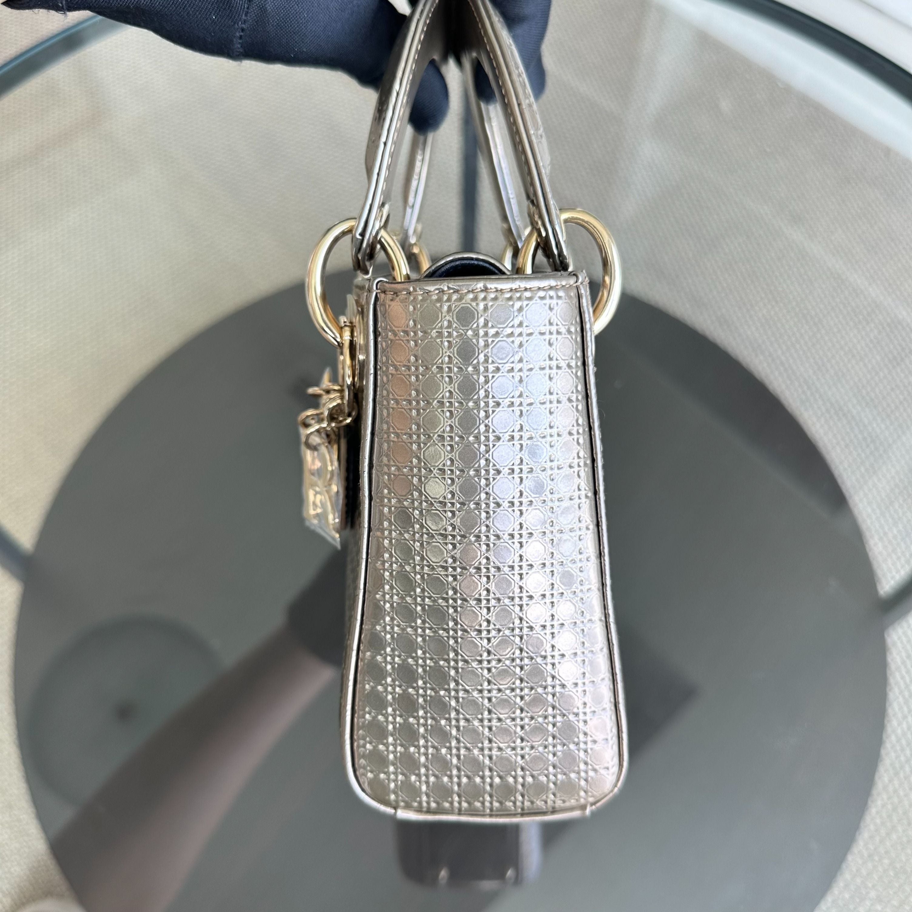 *Chain strap* Dior Lady Mini Micro-Cannage Glazed Calfskin Gold GHW - Luxury Evermore