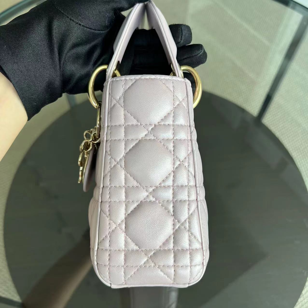 *Chain Version* Dior Lady Mini Cannage Lambskin Iridescent Sakura Pink Golden Hardware - Luxury Evermore