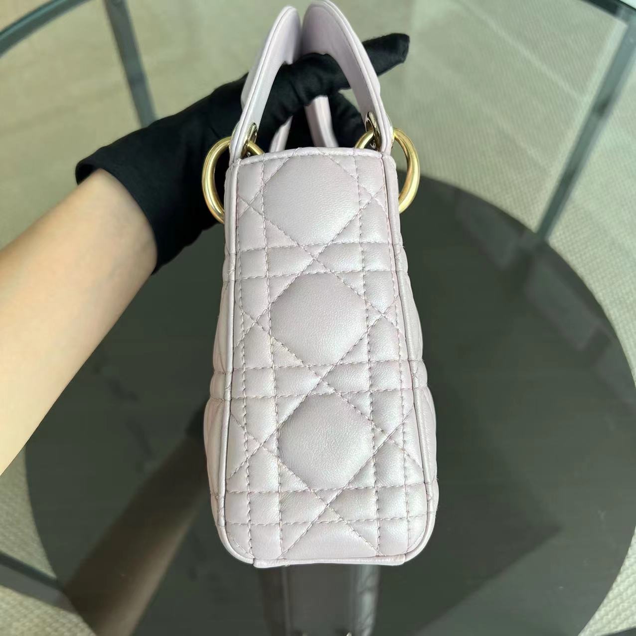 *Chain Version* Dior Lady Mini Cannage Lambskin Iridescent Sakura Pink Golden Hardware - Luxury Evermore