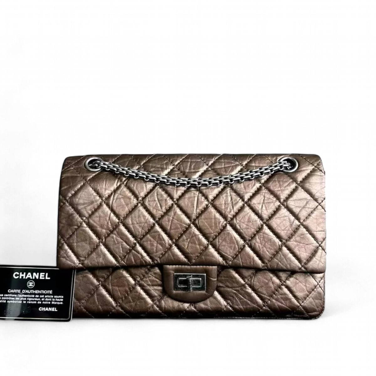 2.55 226 Medium 28CM Quilted Calfskin Metallic Brown Bronze Silver Hardware Series 12