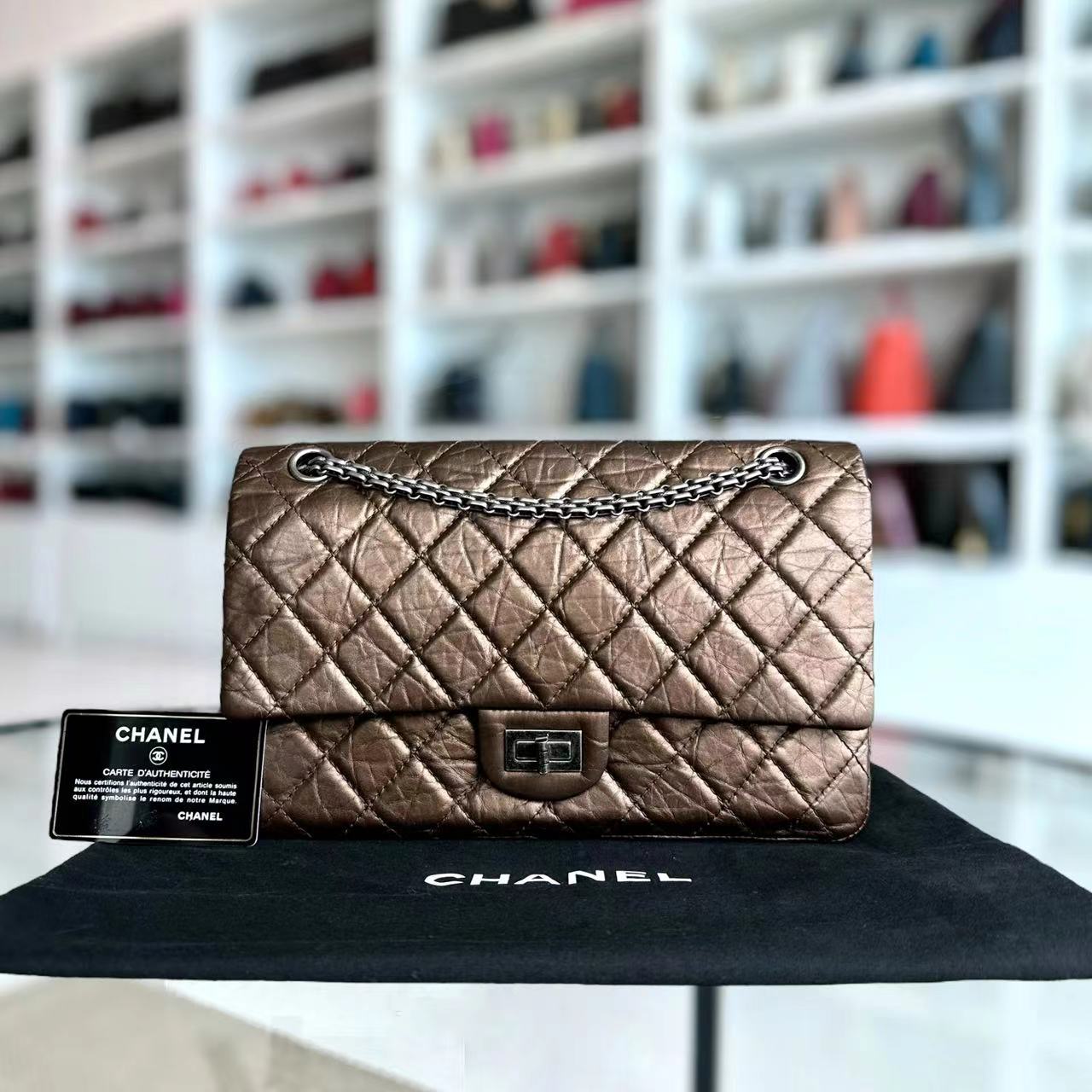 Chanel 2.55 226 Medium 28CM Quilted Calfskin Metallic Brown Bronze Silver Hardware Series 12 - Luxury Evermore