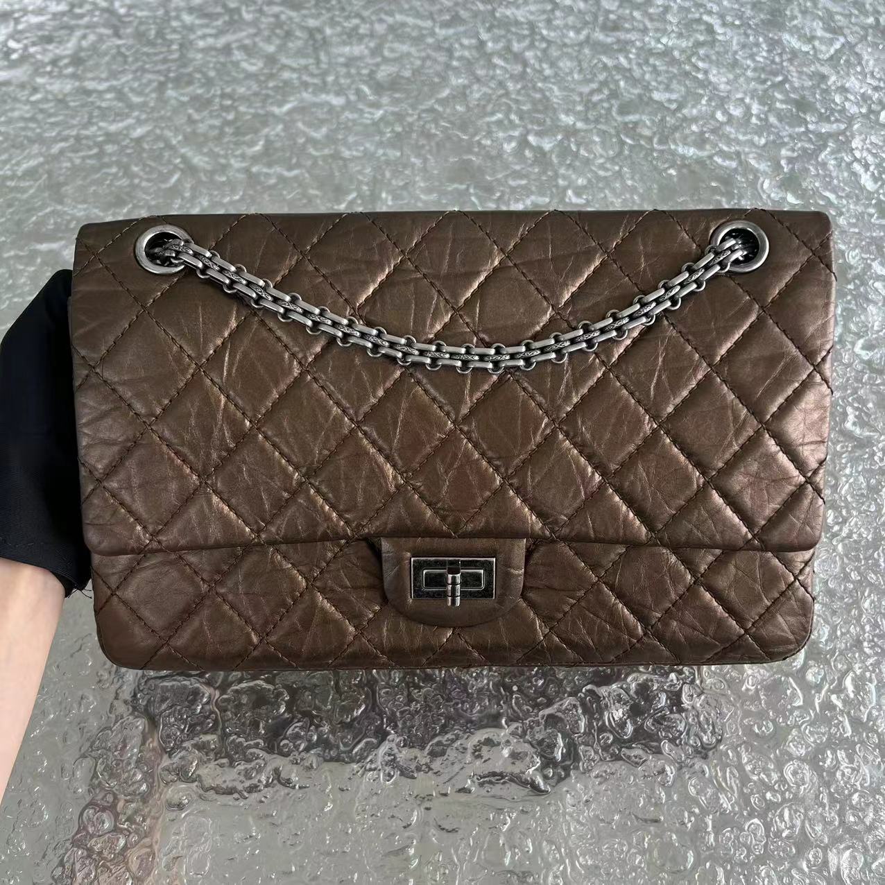 Chanel 2.55 226 Medium 28CM Quilted Calfskin Metallic Brown Bronze Silver Hardware Series 12 - Luxury Evermore