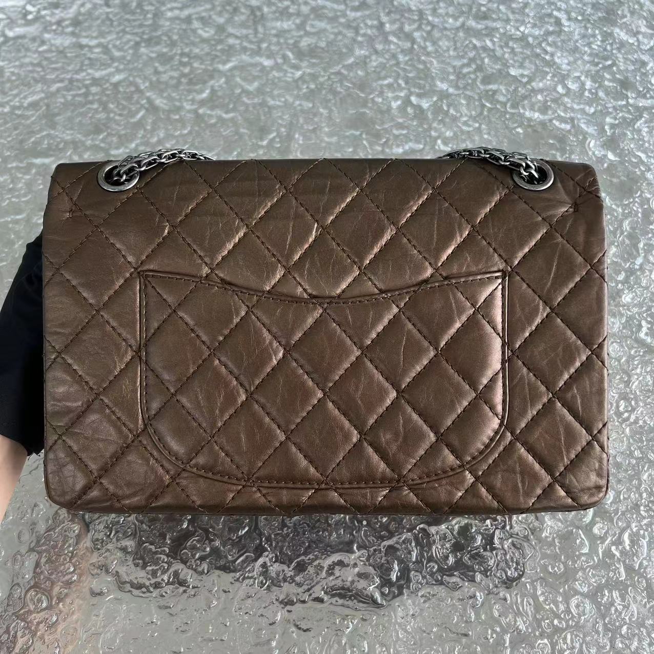 Chanel 2.55 226 Medium 28CM Quilted Calfskin Metallic Brown Bronze Silver Hardware Series 12 - Luxury Evermore