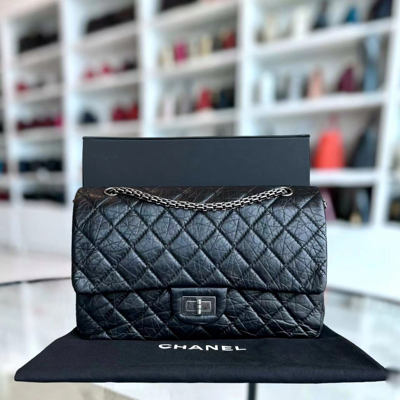 Chanel 2.55 227 31CM Quilted Calfskin Black Ruthenium Silver Hardware Series 14 - Luxury Evermore